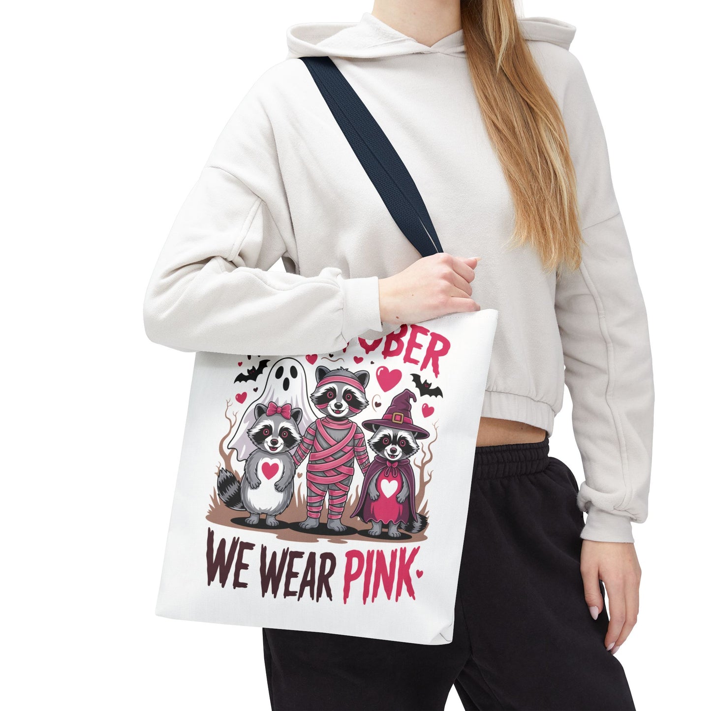 🎀 In October We Wear Pink Raccoon Halloween Tote Bag – Spooky Cute Awareness Style 🦝👜