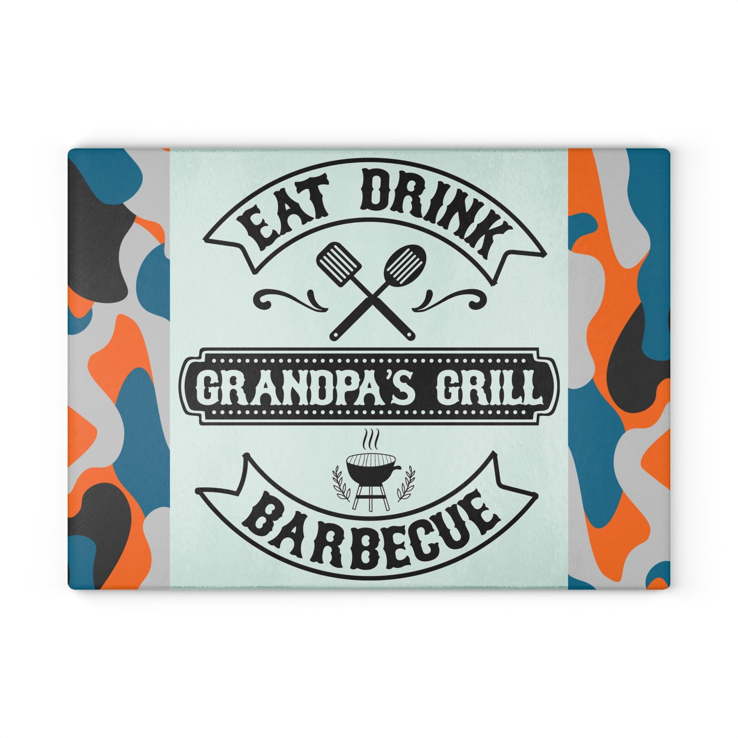 EAT DRINK GRANDPA’S GRILL BARBEQUE – Camo Glass Cutting Board for Backyard Kings 🧢🍔