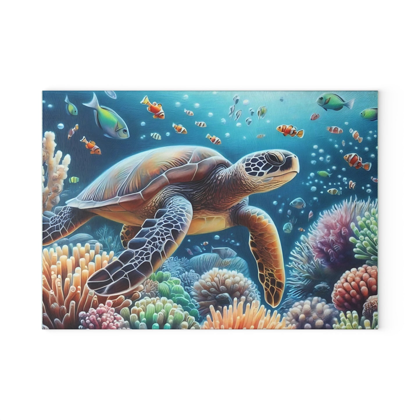 Tabla de cortar con diseño de tortuga marina y arrecife de coral: belleza oceánica serena para tu cocina