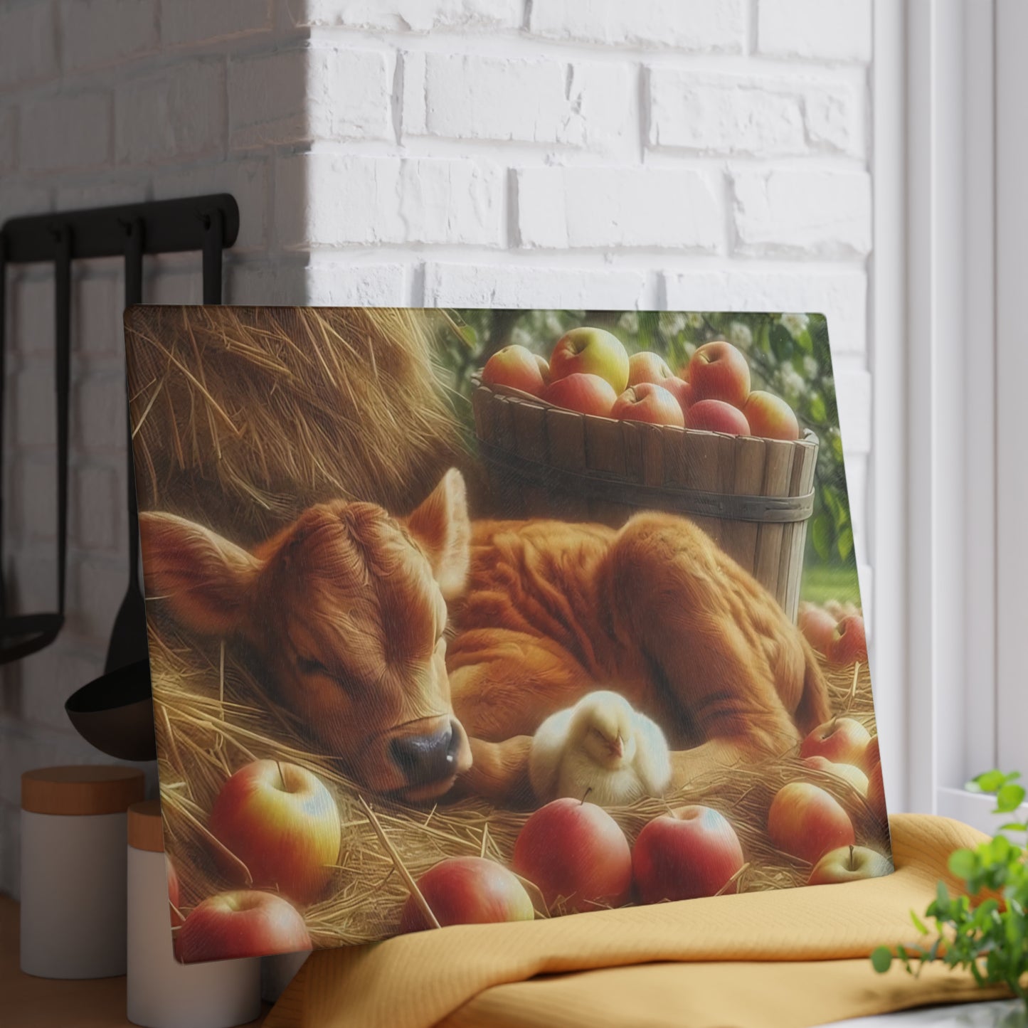 Tabla de cortar con diseño de vaca y pollito en heno con manzanas, regalo único, tabla de cortar de vidrio, tabla de charcutería, tabla de cortar personalizada
