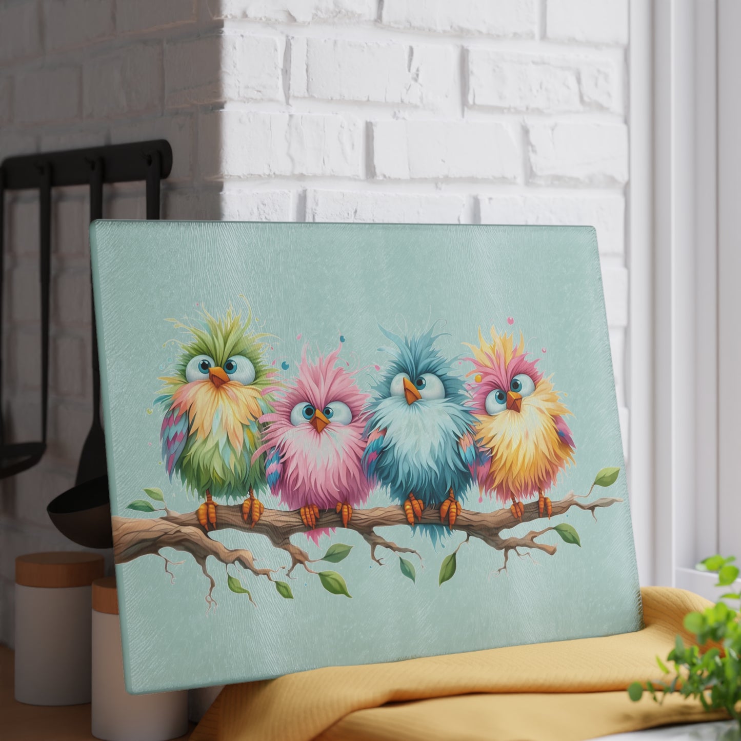 Tabla de cortar - Diseño pastel de pájaros esponjosos - Rosa rosa única en un campo de margaritas, Regalo único, Tabla de cortar de vidrio, Tabla de charcutería, Tabla de cortar personalizada, Flores