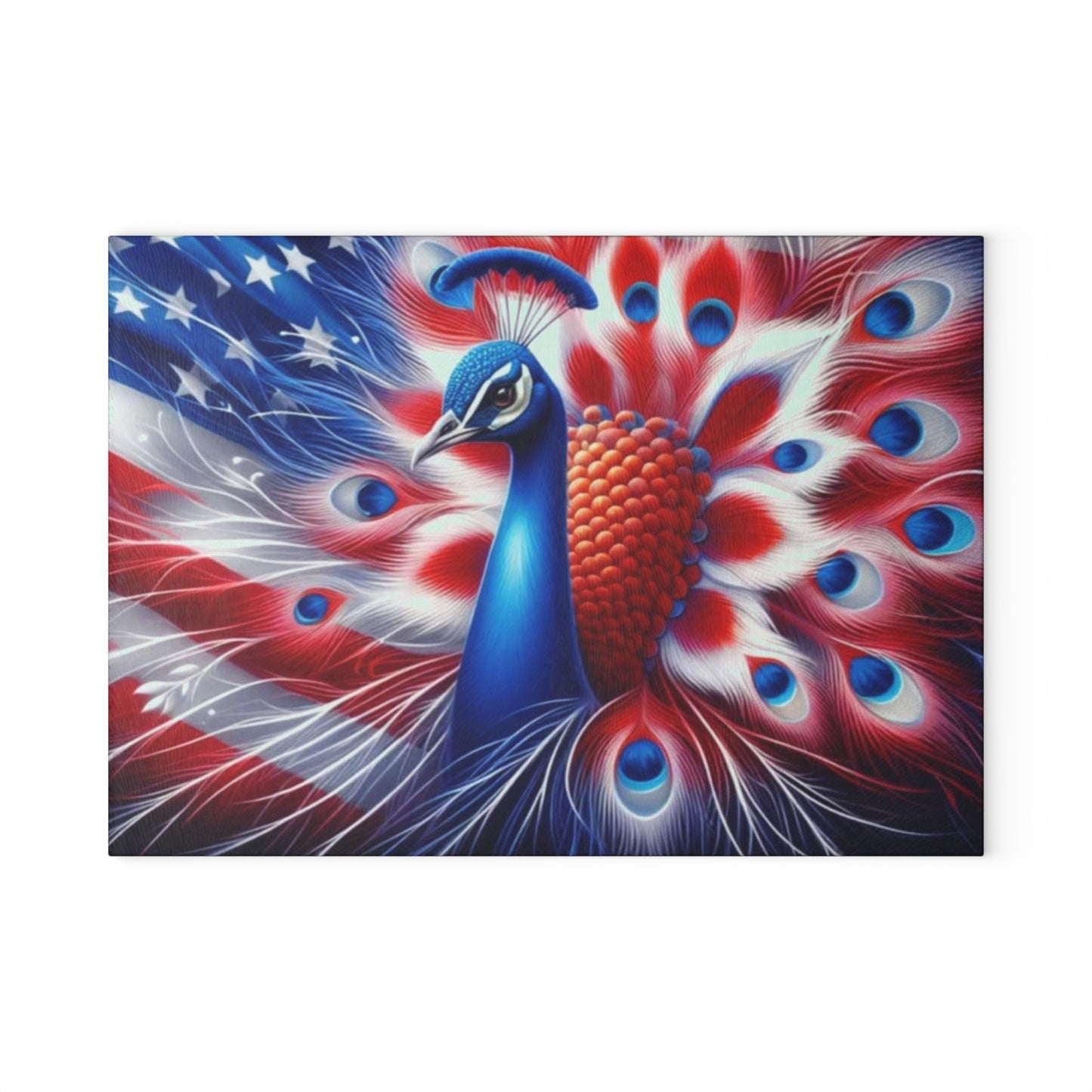 🦚 4th of July Patriotic Peacock Glass Cutting Board – Red, White & Beautiful!