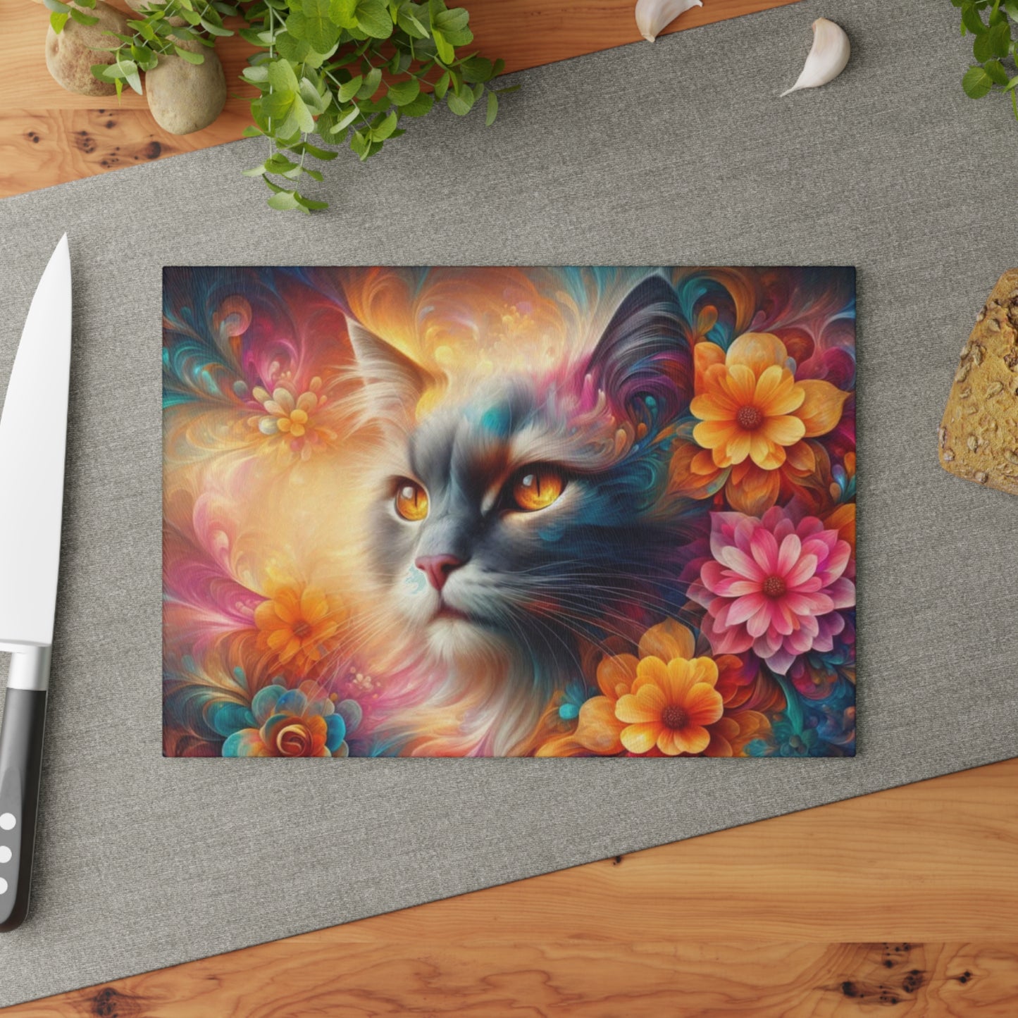 Tabla de cortar con diseño de gato colorido y flores: un encanto caprichoso para los amantes de los gatos