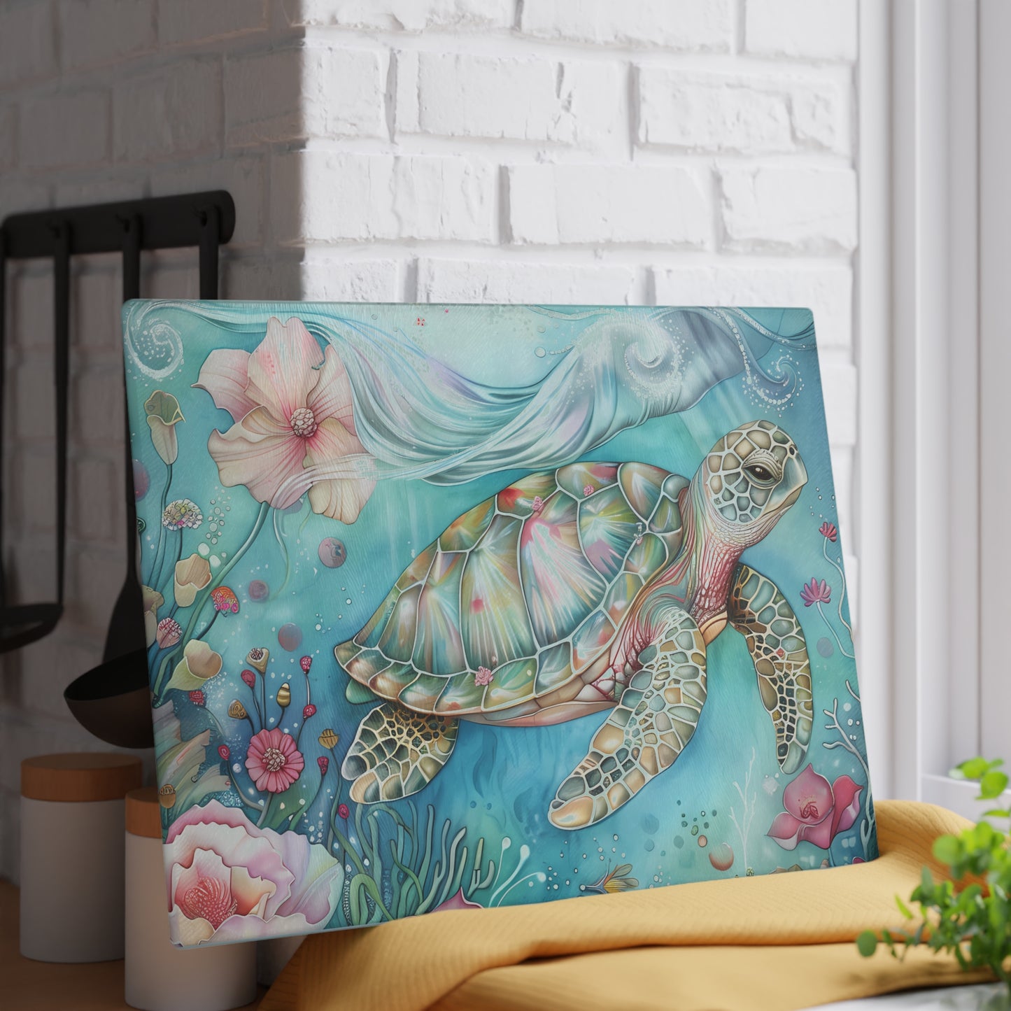 🌊🌸 Escena floral submarina de tortugas marinas coloridas – Tabla de cortar de vidrio