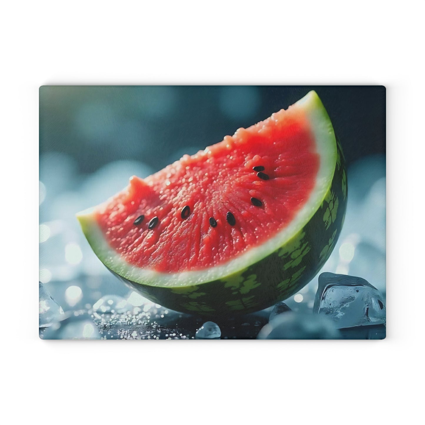 Tabla de cortar de vidrio con rodajas de sandía sobre hielo: una refrescante decoración de cocina de verano, un vibrante regalo con temática frutal.