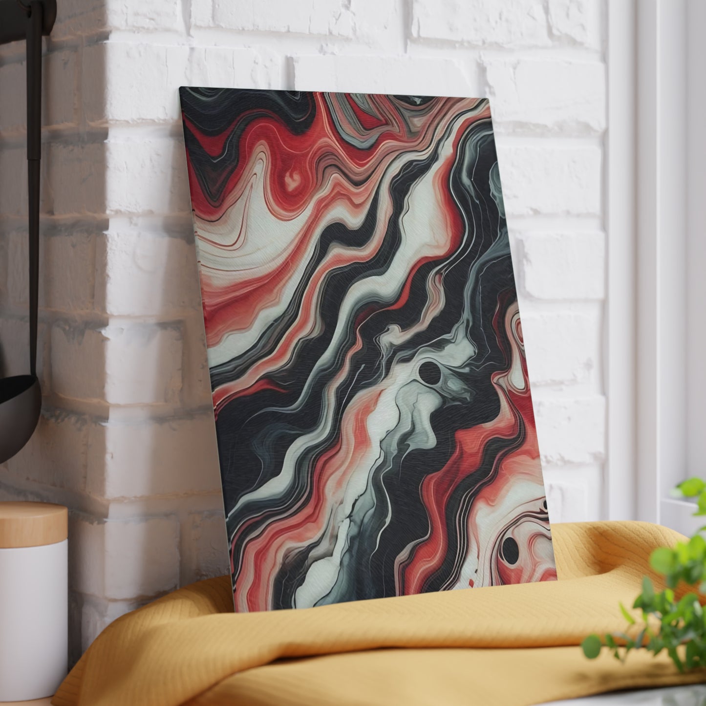 Tabla de cortar de vidrio con diseño de mármol rojo, negro y blanco: decoración de cocina moderna inspirada en el mármol, un regalo elegante y funcional.