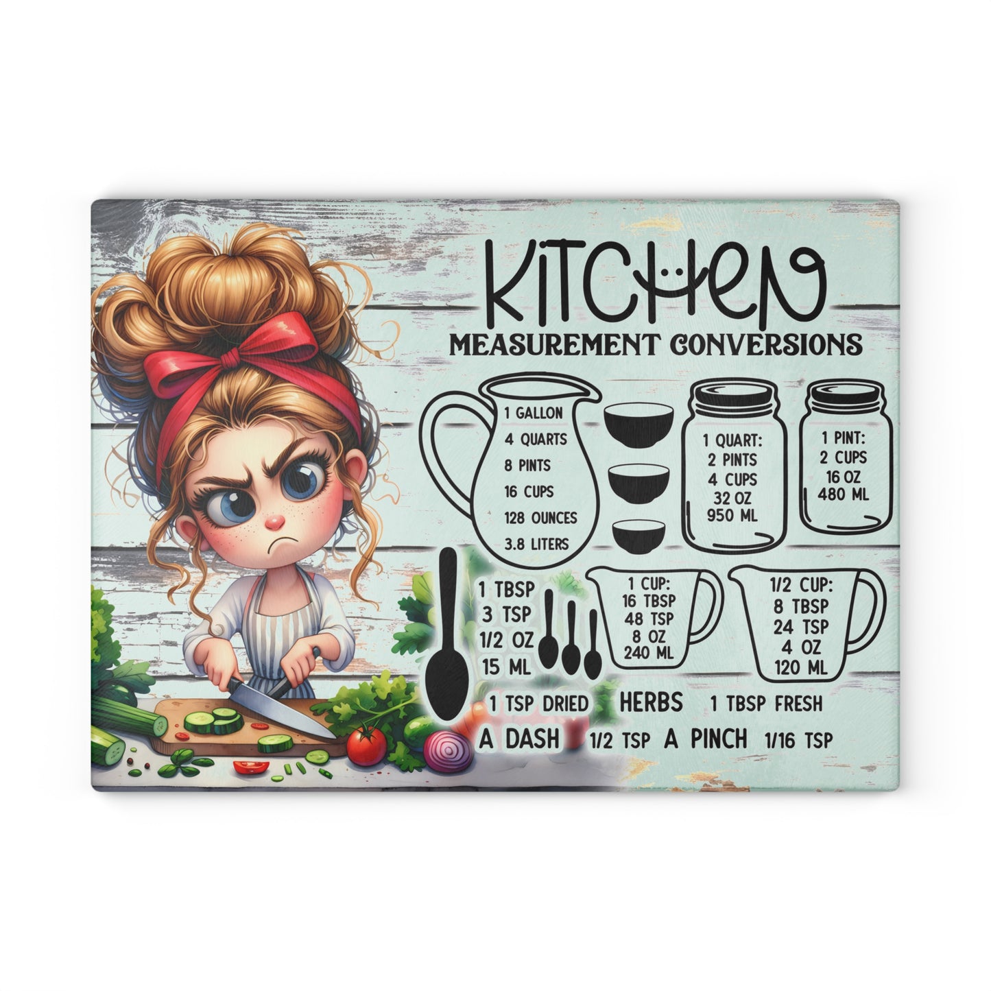 Tabla de cortar de vidrio para “Conversión de medidas en la cocina” – Guía de cocina de la mujer gruñona de dibujos animados