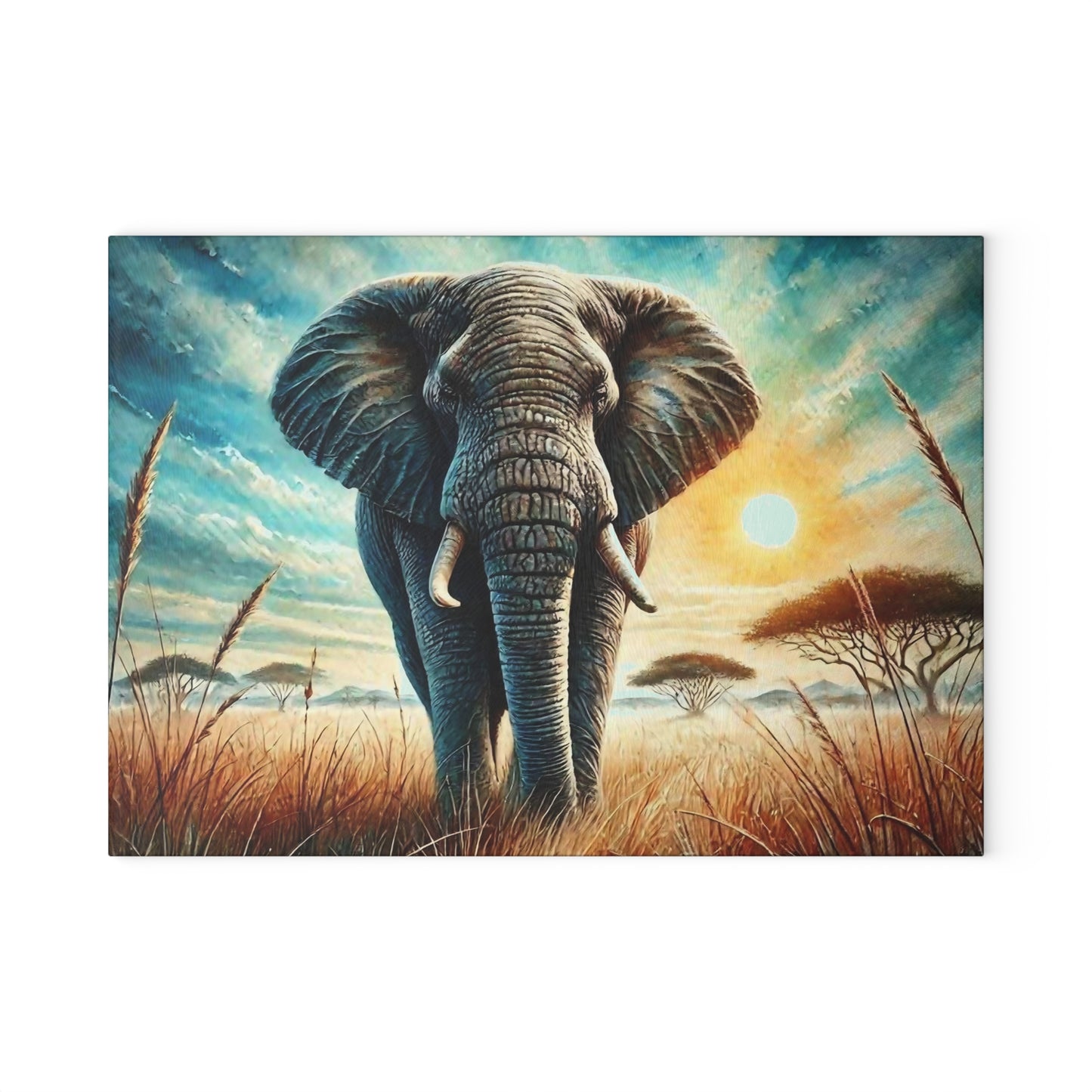 🐘 Majestic Elephant Sunset – Tempered Glass Cutting Board