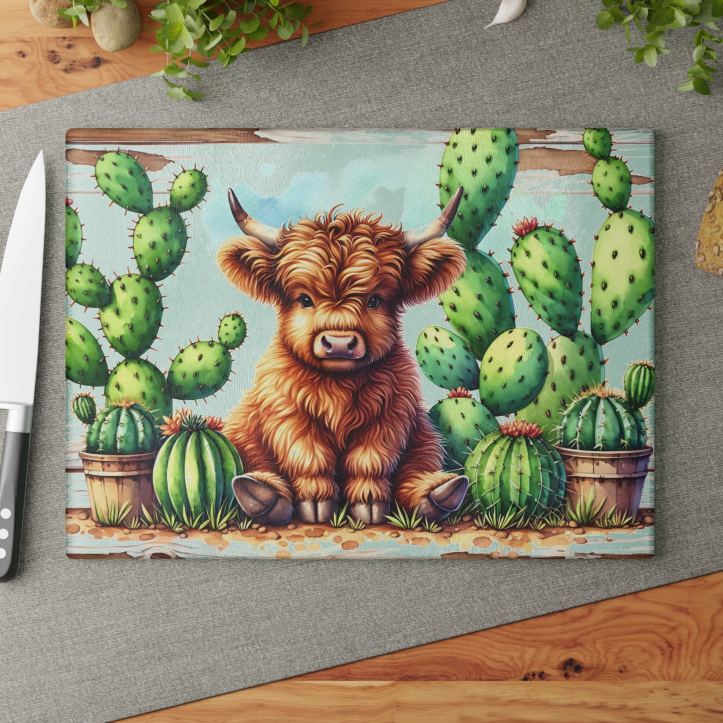 🌵🐮 Highland Cow & Cactus Cutting Board – Rustic Western Charm for Your Kitchen 🤠✨