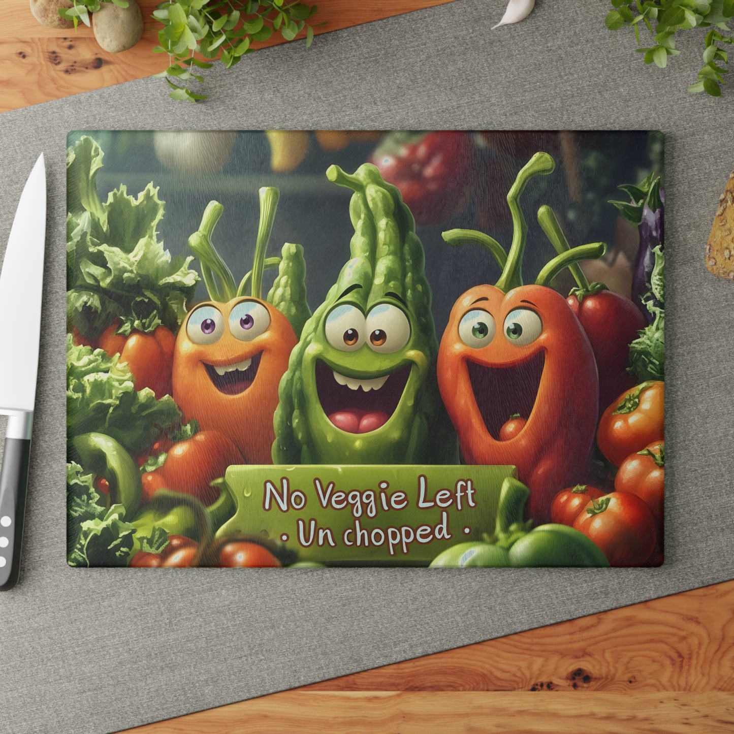 Tabla de cortar de vidrio “Ninguna verdura sin picar” – Humor de cocina con verduras que ríen 😆🍅