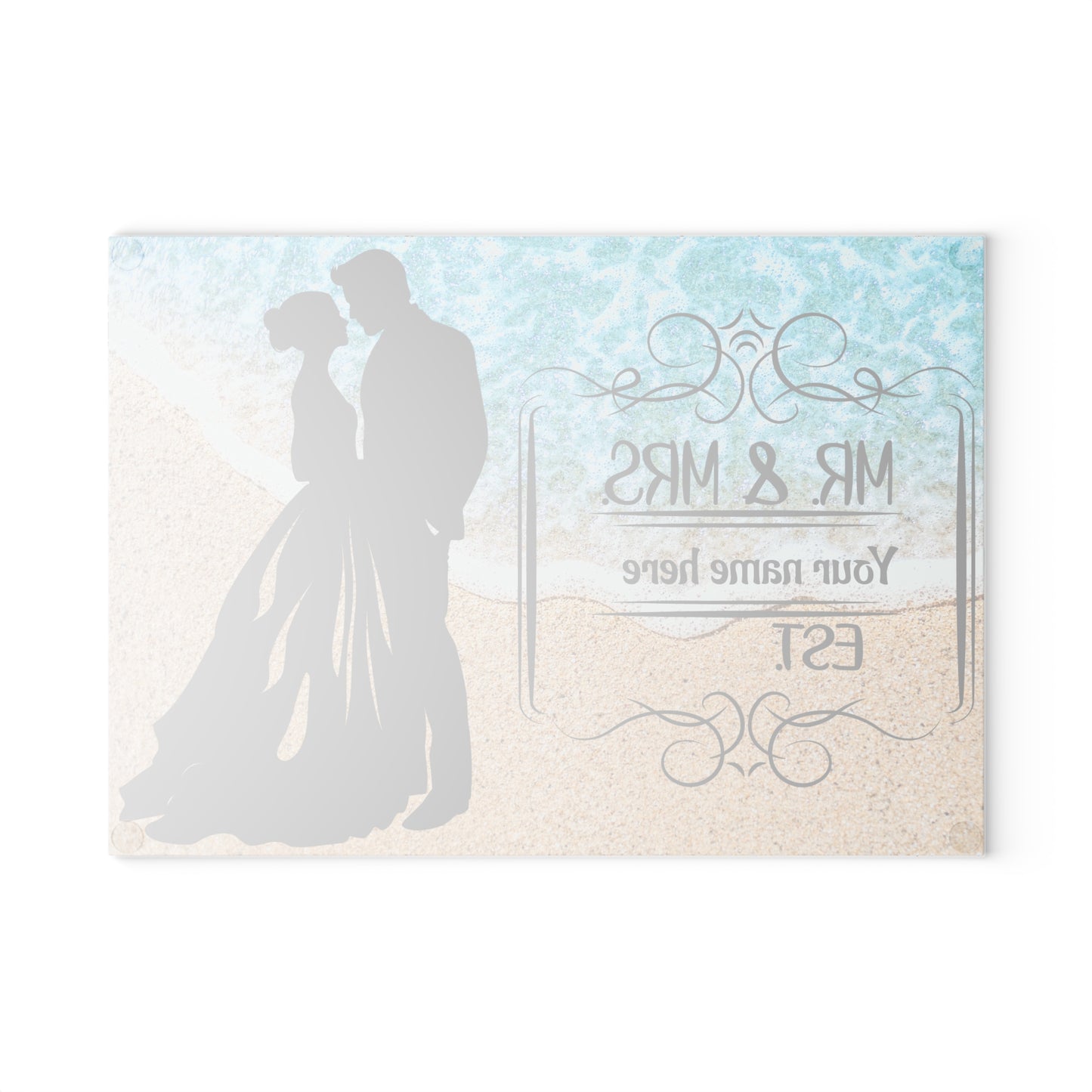 Tabla de cortar "Sr. y Sra. Coastal Romance": regalo de boda personalizado con nombre y año