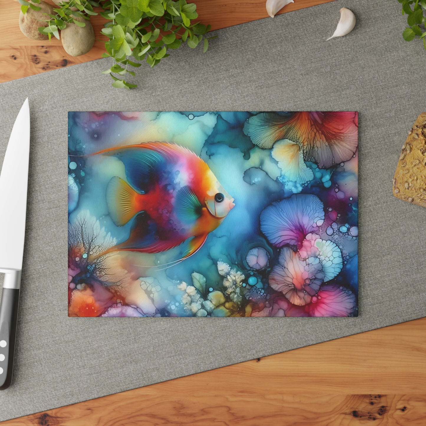 Tabla de cortar de vidrio con diseño de peces tropicales: arte oceánico con acuarela vibrante para exhibir en la cocina