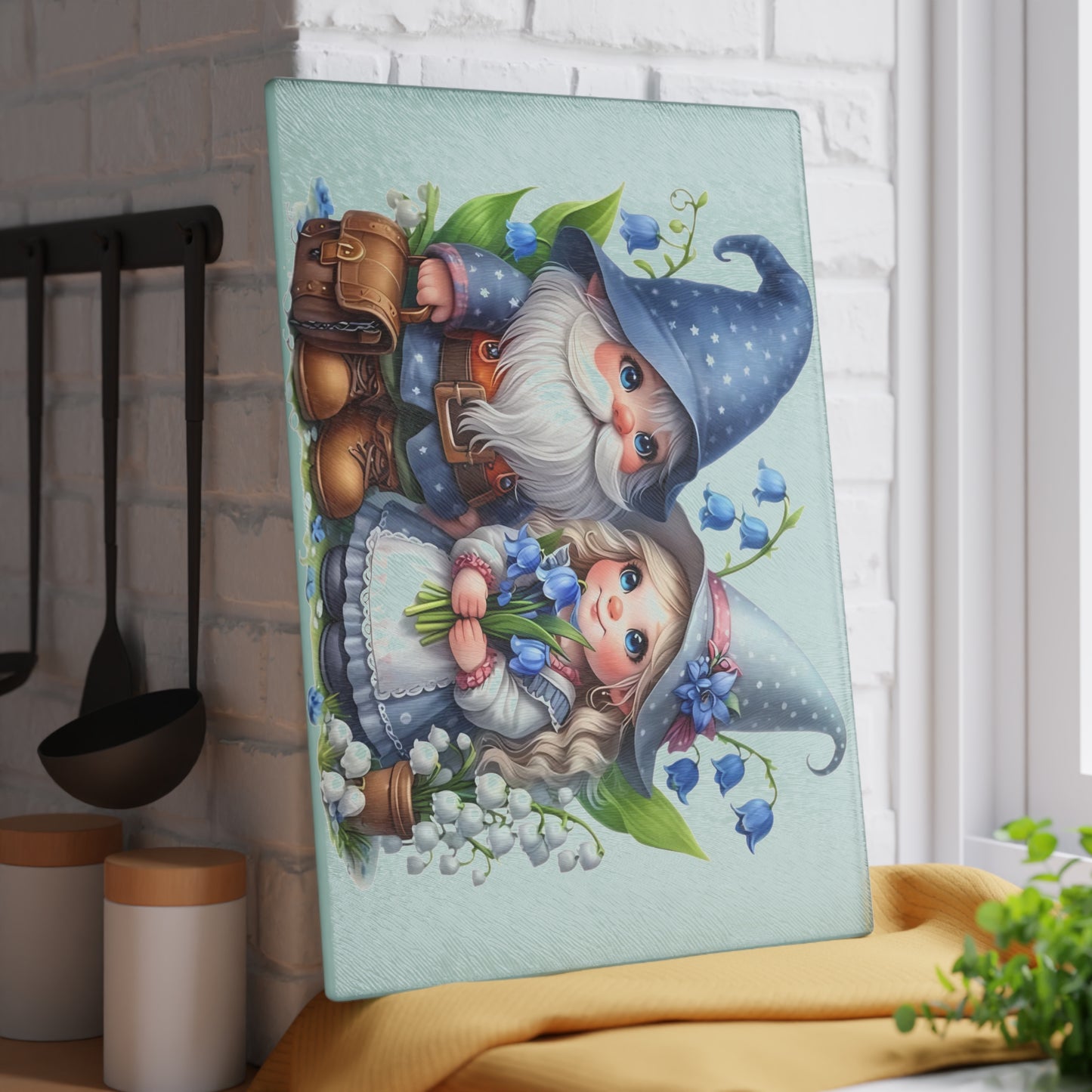 💙🌸 Bluebell Gnome Couple Cutting Board – Whimsical Garden Kitchen Décor with Sweet Floral Charm 🌿✨