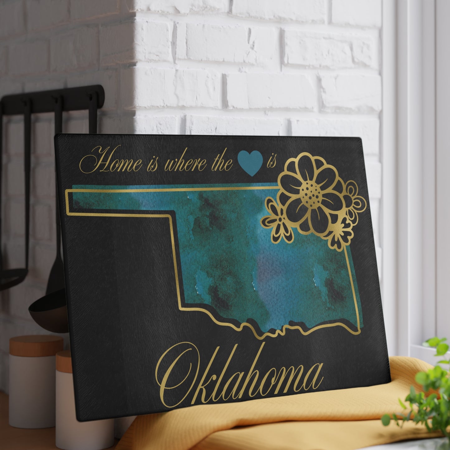 💙 Oklahoma State Cutting Board – Turquoise Heartland Charm with Golden Touch