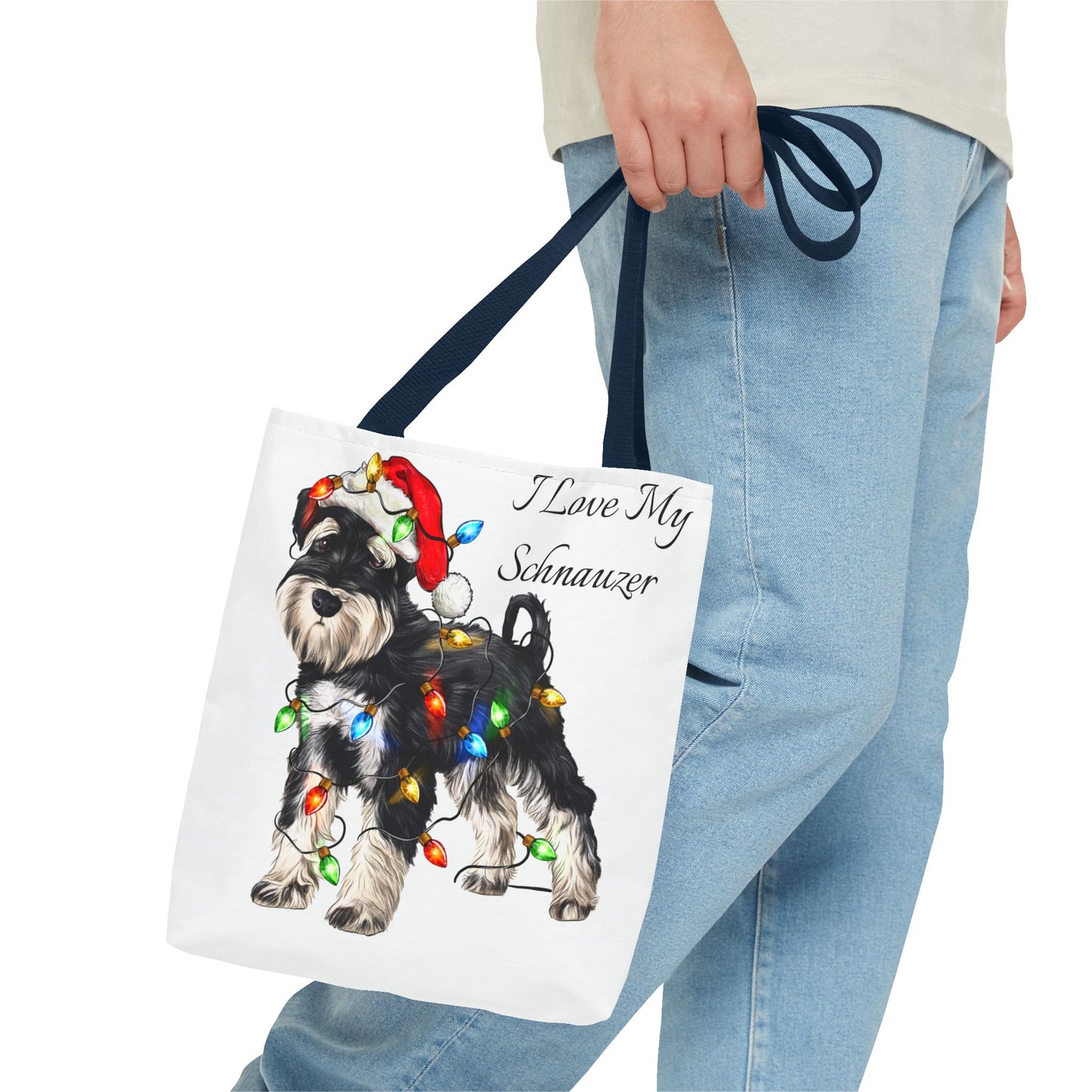 🎄 I Love My Schnauzer Tote Bag – Christmas Lights & Holiday Woofs 🐾
