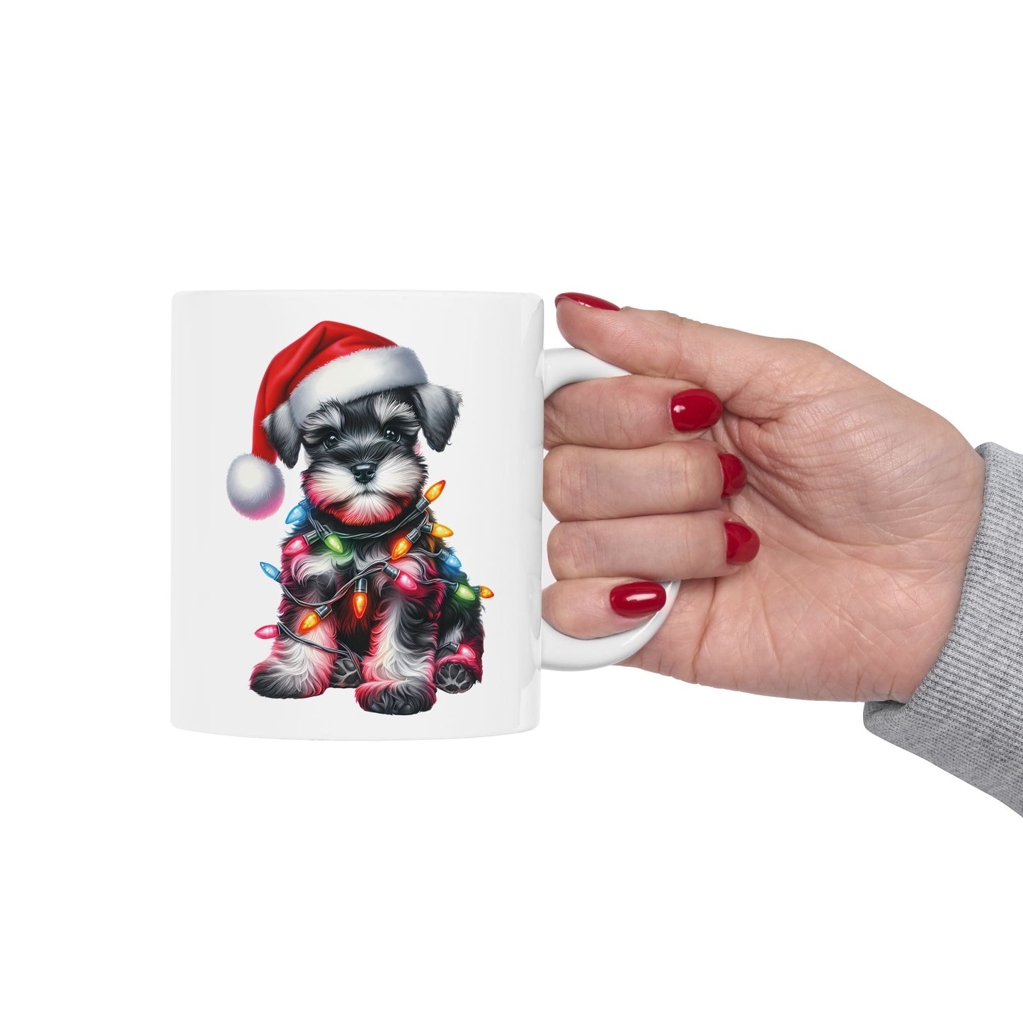 🎄 Miniature Schnauzer Christmas Mug – Holiday Cheer with a Pup in Lights 🐾