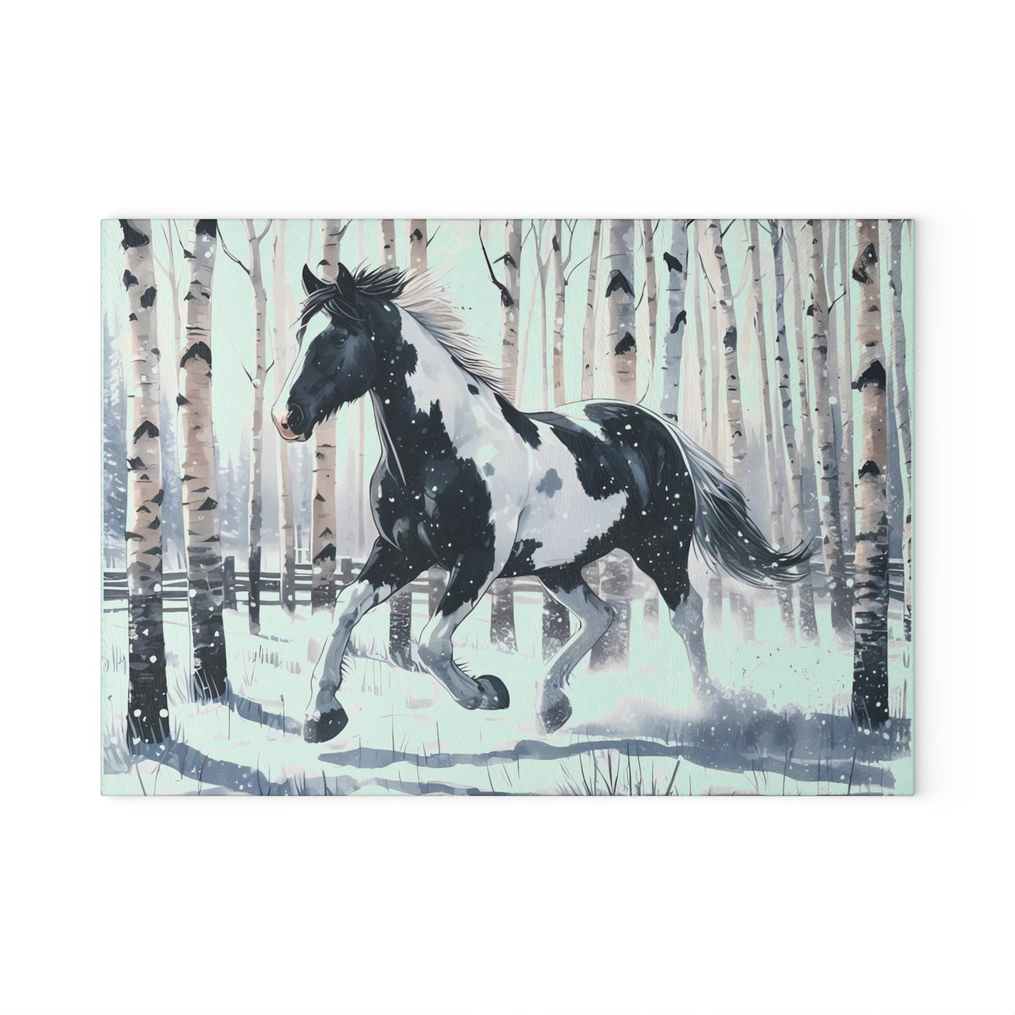 ❄️ Snowy Gallop Cutting Board – Majestic Horse in Birch Forest Winter Scene