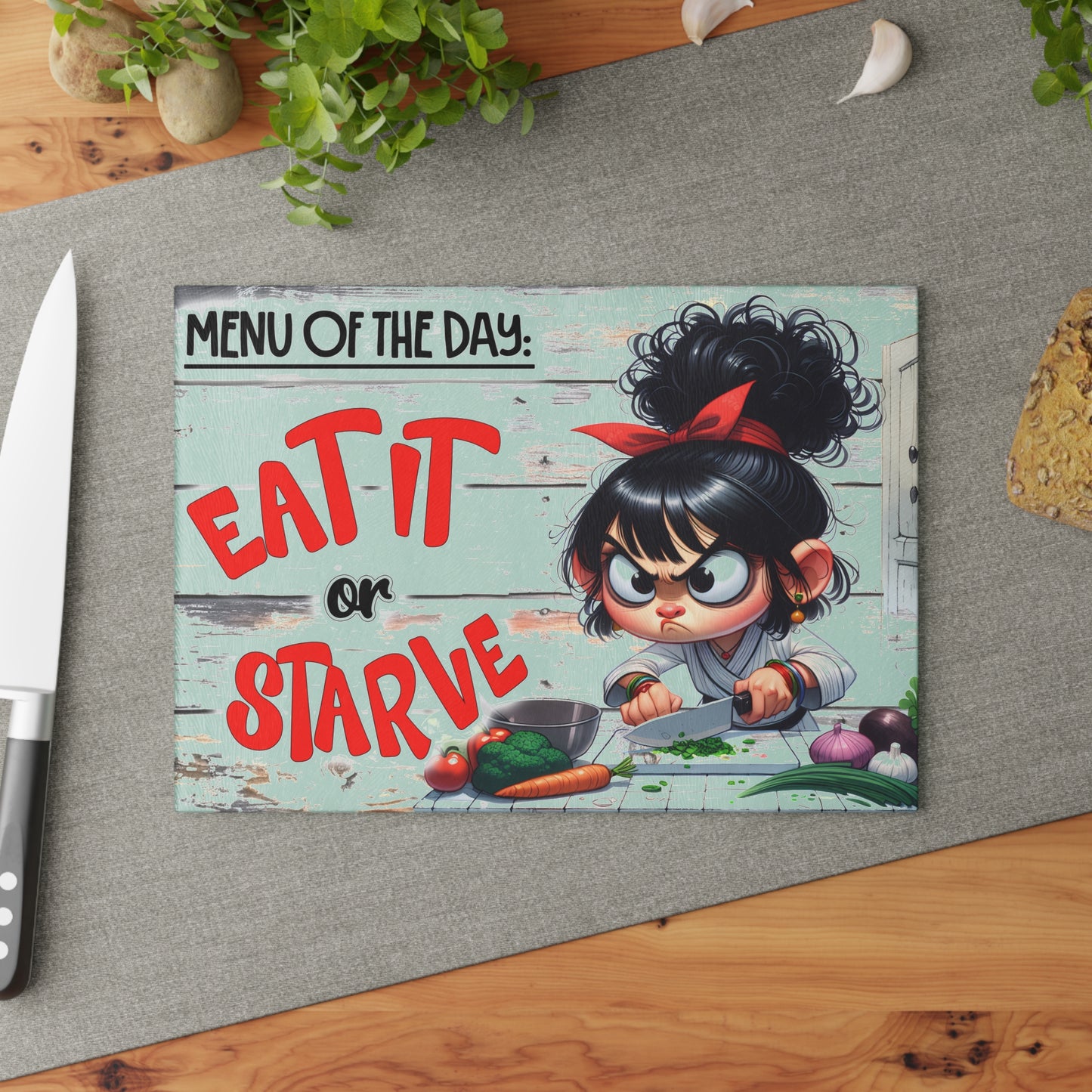 Tabla de cortar de vidrio "CÓMELO O MORIRSE DE HAMBRE" – Humor de cocina de mamá de dibujos animados atrevidos 😆🥦
