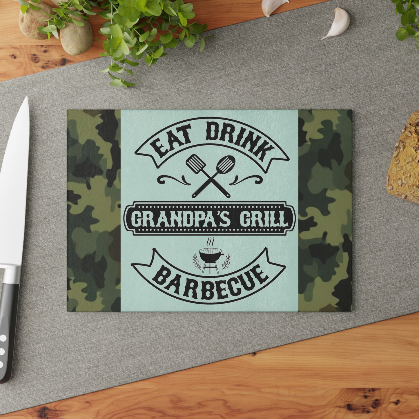 🍖🔥 EAT DRINK GRANDPA’S GRILL BARBEQUE – Camo Glass Cutting Board for Backyard Kings 🧢🍔