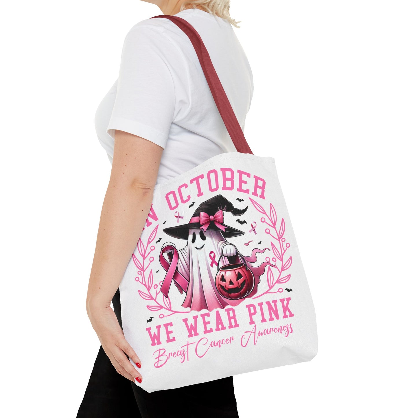🎀 In October We Wear Pink Tote Bag – Breast Cancer Awareness with Spooky Charm 🎃