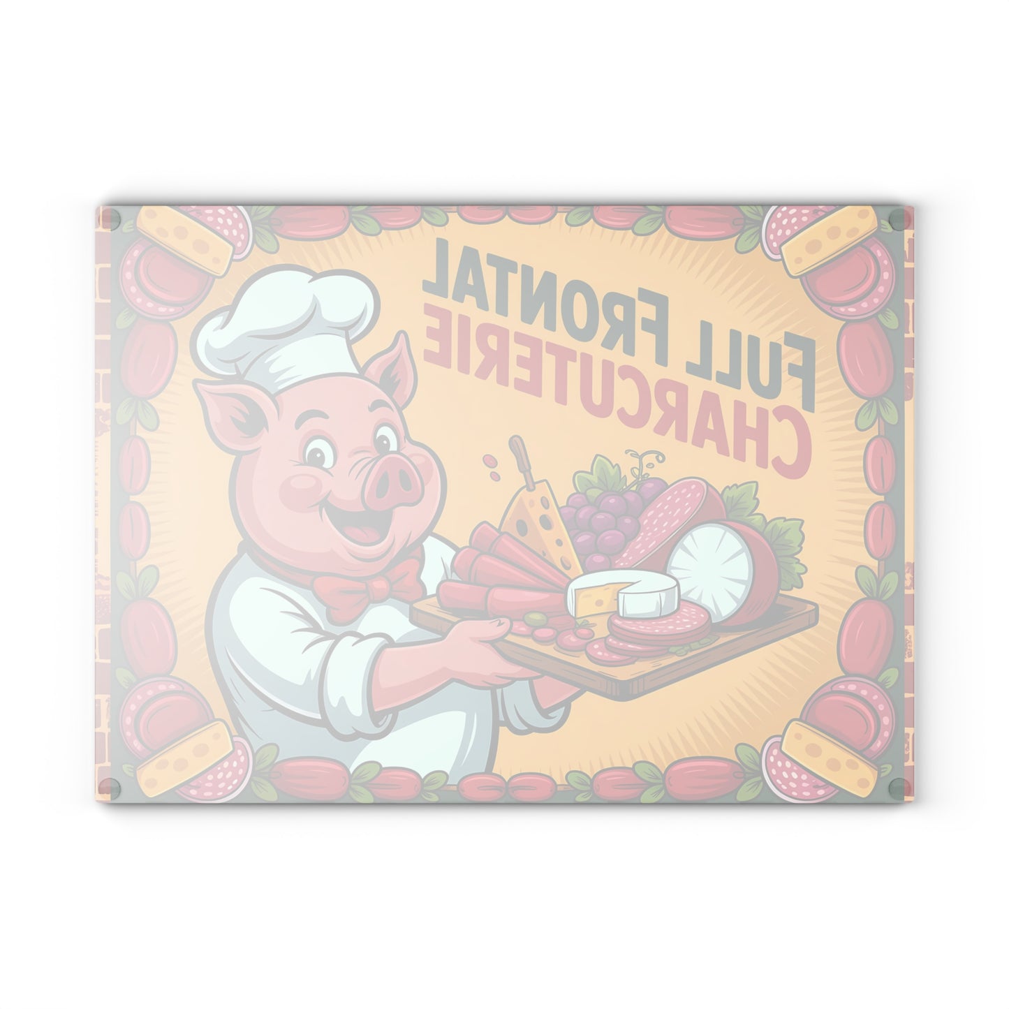 Tabla de cortar charcutería con vista frontal completa: divertida tabla de quesos y carnes del chef Pig