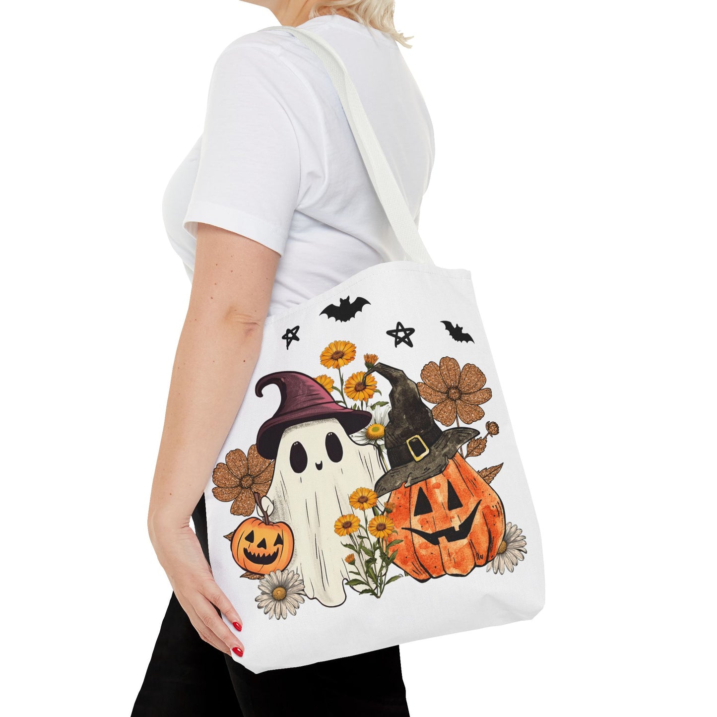 🎃 Ghost & Pumpkin Floral Tote Bag – Whimsical Halloween Charm 👻👜