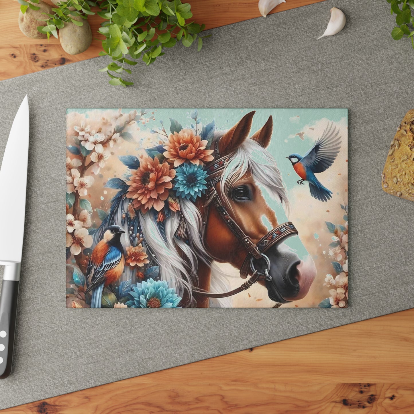 Hermosa tabla de cortar de caballo, tabla de cortar de vidrio templado, tabla de charcutería, tabla de cortar, regalo de inauguración de la casa, tabla de cortar personalizada