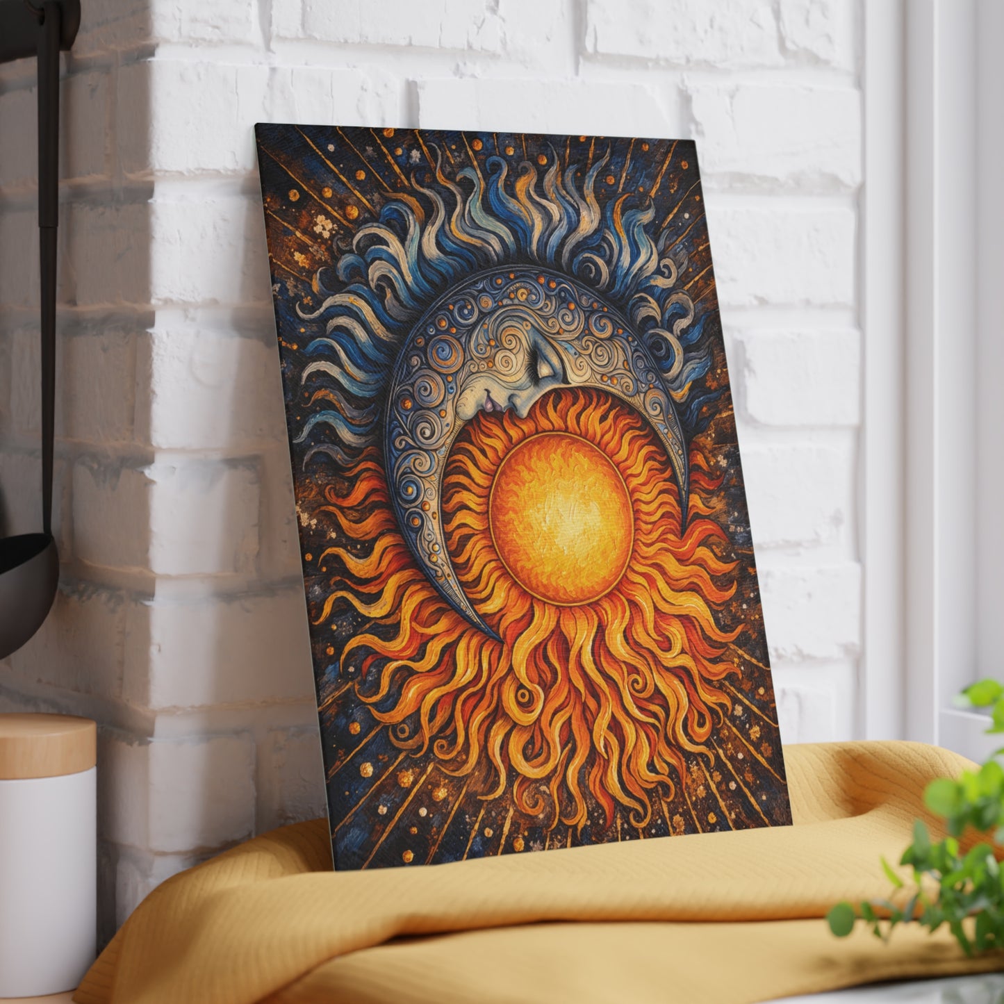 Celestial Sun and Moon Glass Cutting Board – Cosmic Balance Artwork