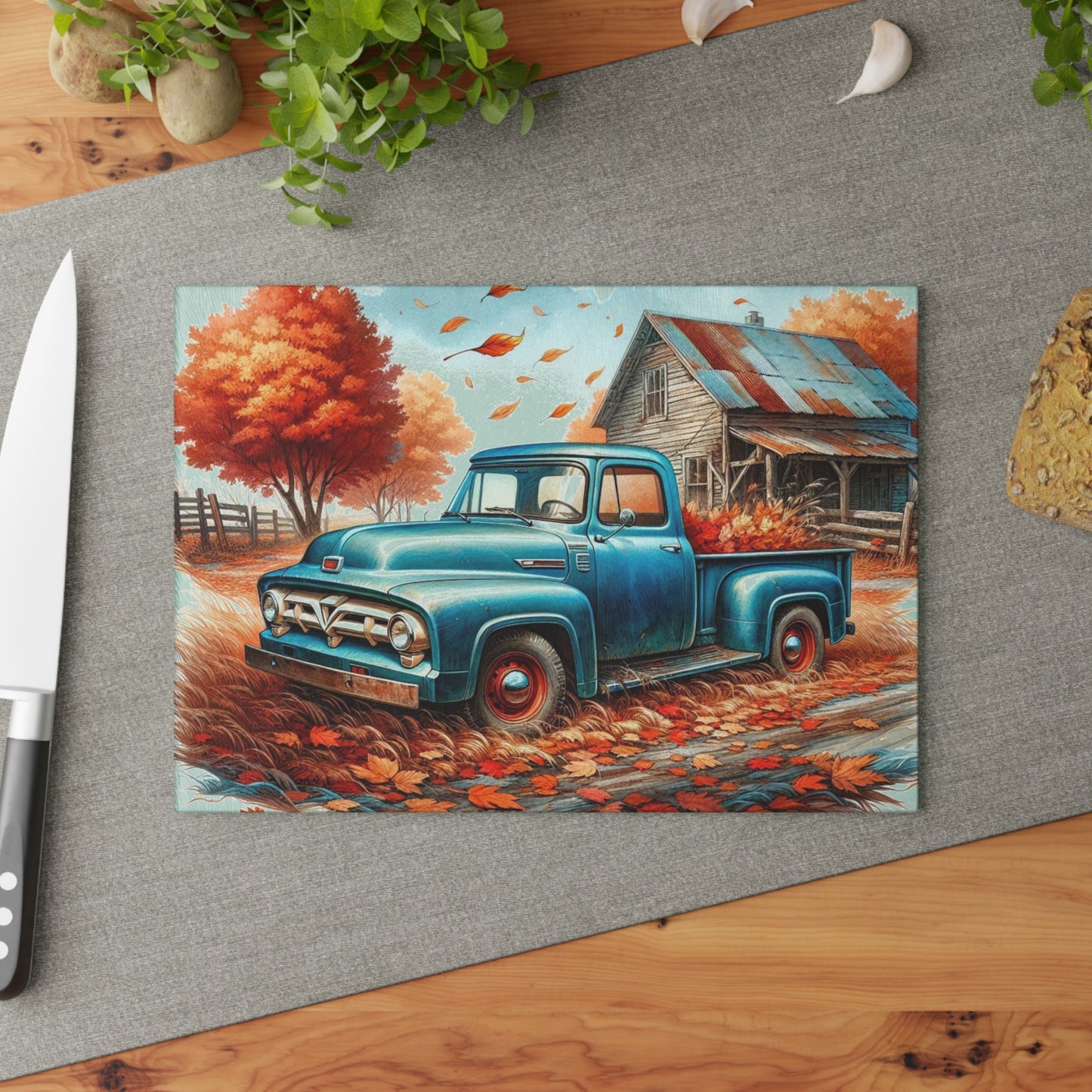 🚜 Vintage Blue Truck Cutting Board – Country Charm & Fall Nostalgia for Your Kitchen
