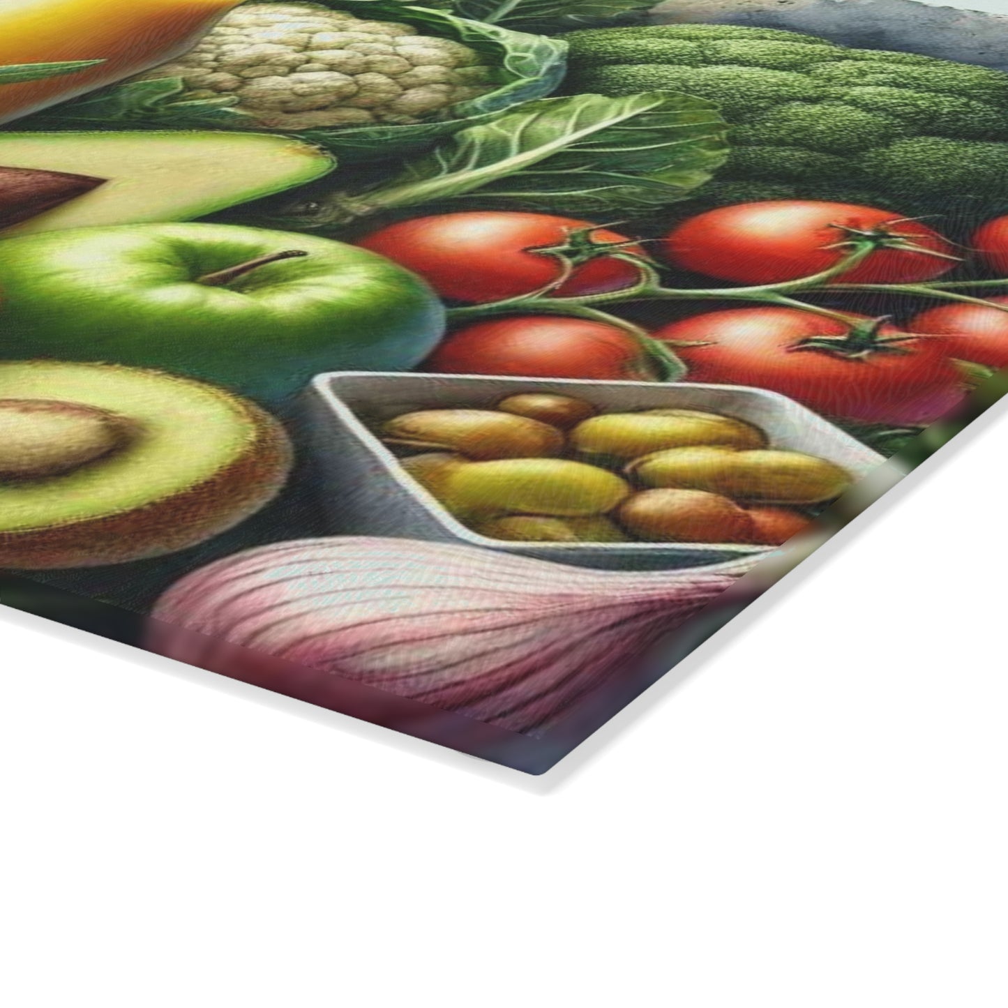 Tabla de cortar de vidrio templado para verduras con una vibrante variedad de verduras frescas
