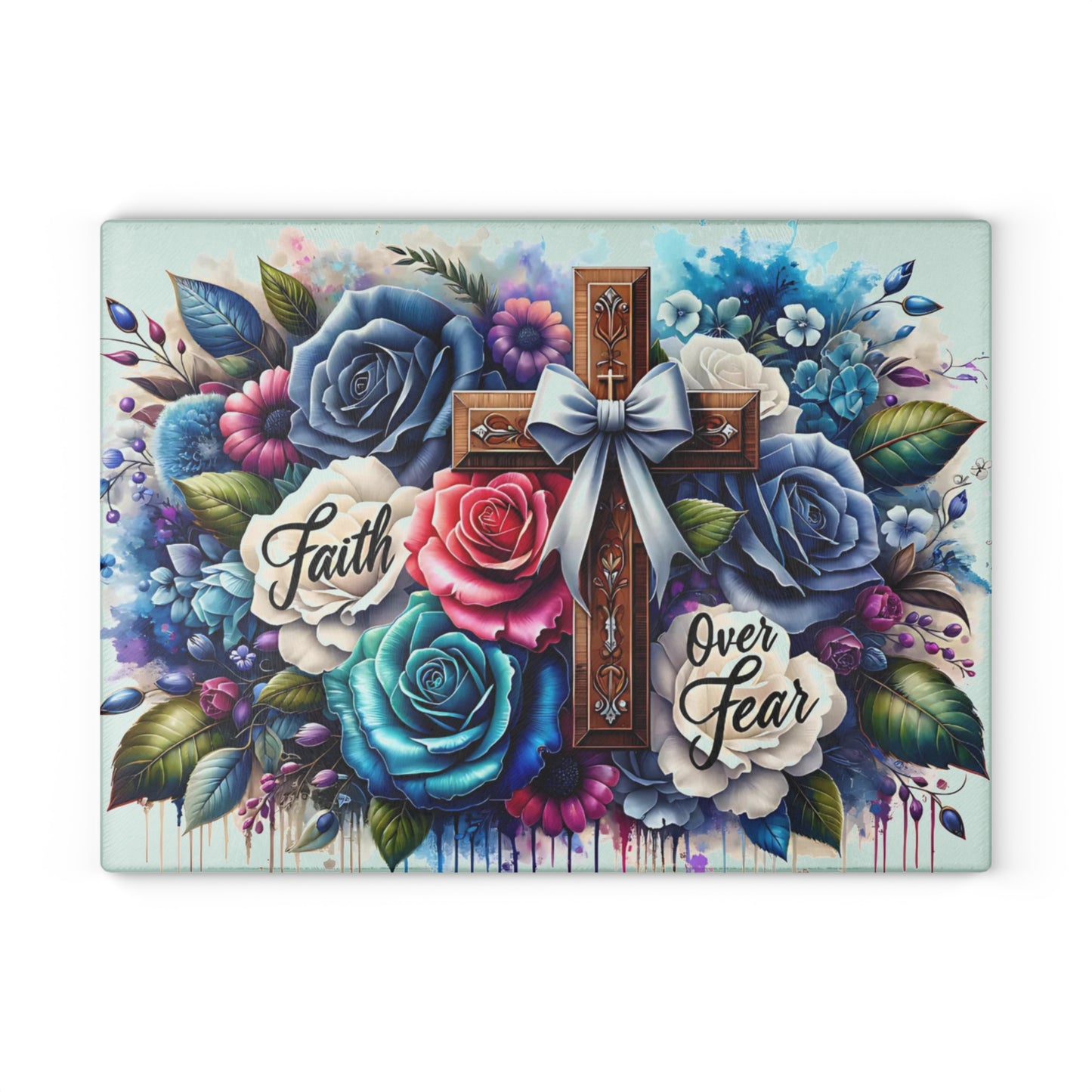 ✝️ Faith Over Fear Floral Cross Cutting Board – Christian Kitchen Inspiration with Roses & Watercolor Style