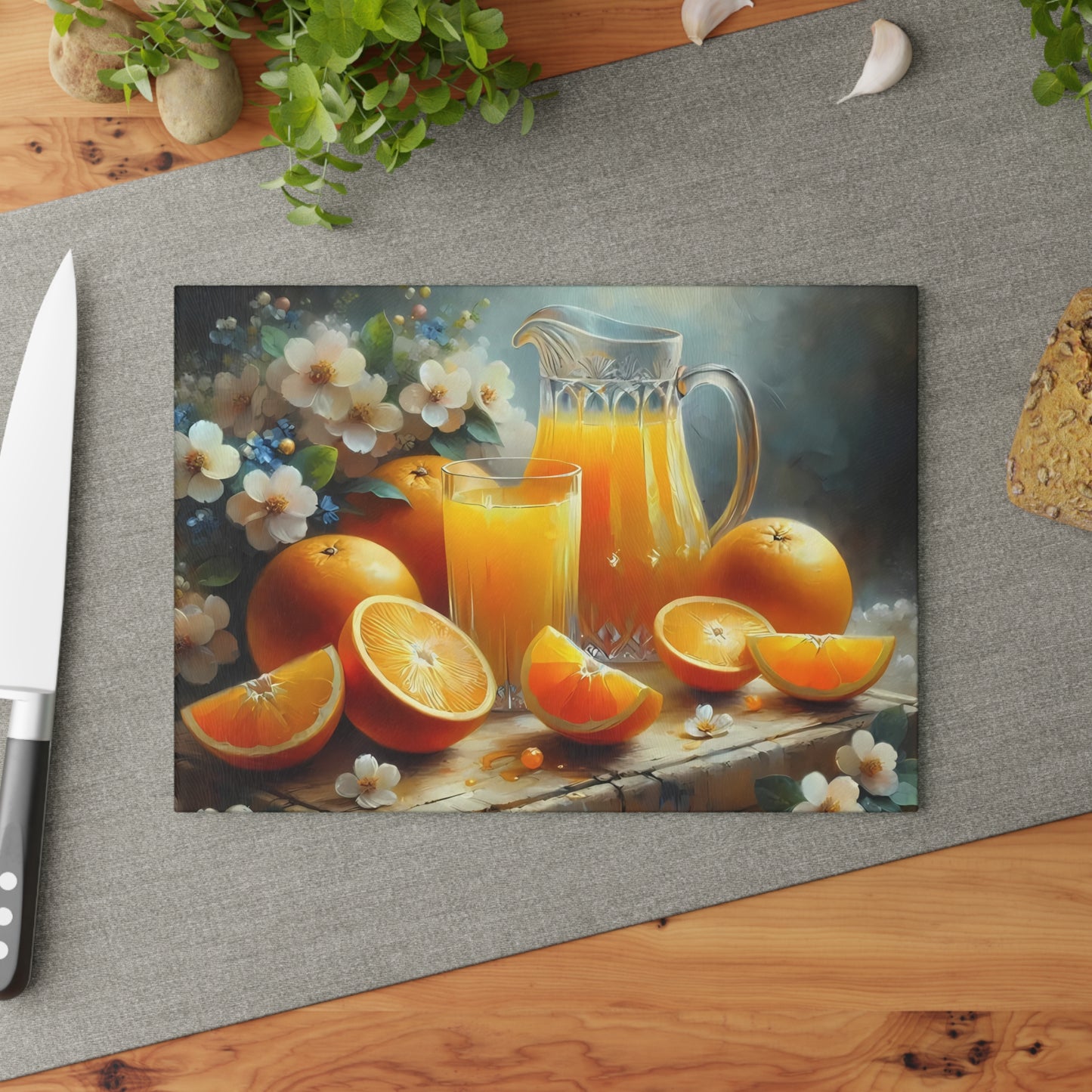 Tabla de cortar de vidrio templado para zumo de naranja recién exprimido: decoración cítrica para la cocina, bandeja para servir naranjas, regalo para el desayuno de verano
