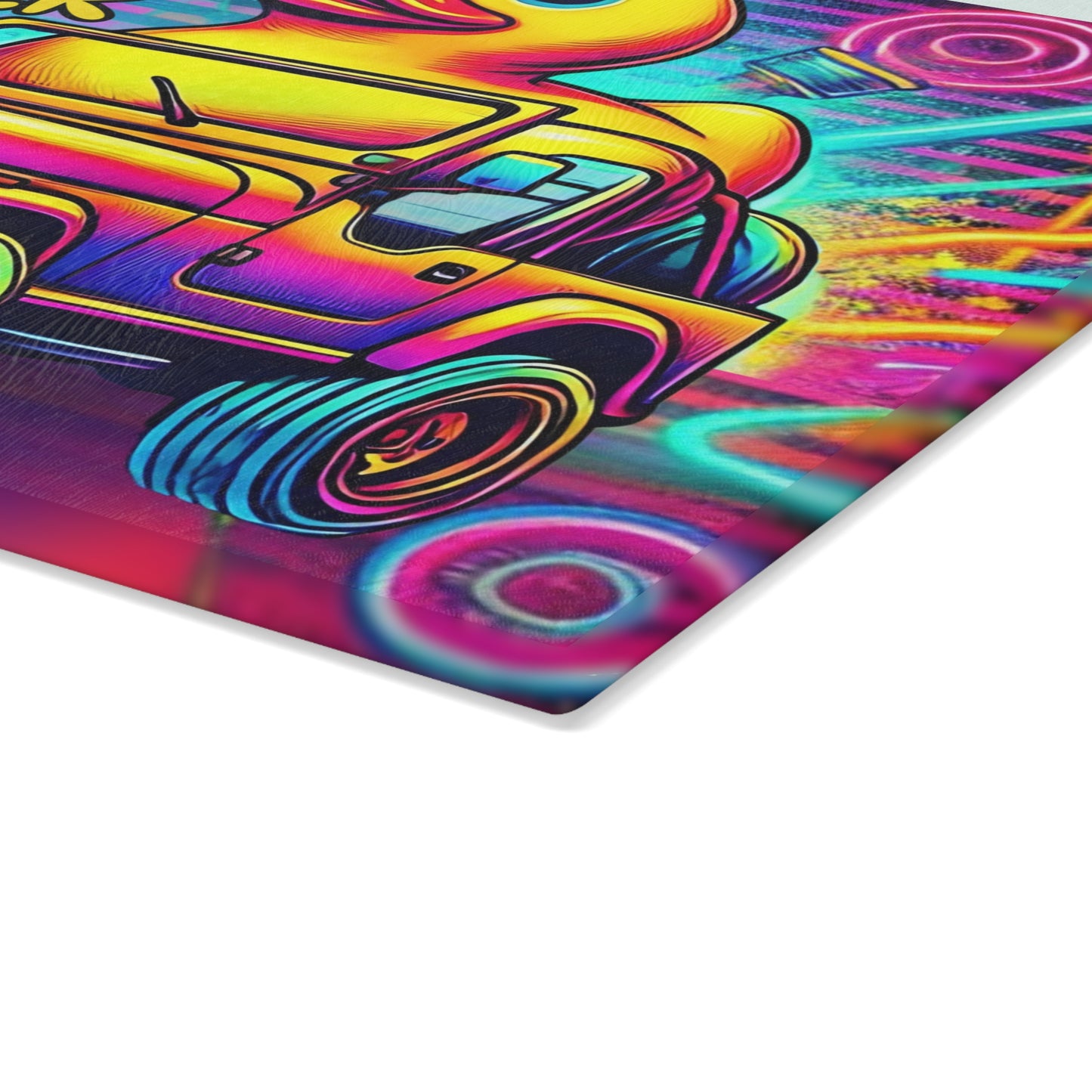 Tabla de cortar de vidrio con diseño de jeep neón y patito de goma: decoración todoterreno vibrante para la cocina, tabla de cortar para jeep, jeep neón, jeep con patito de goma