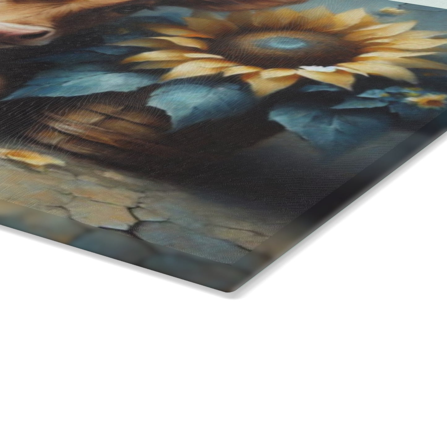 🌻 Sunflower Calf Glass Cutting Board – Rustic Farmhouse Charm for Your Kitchen