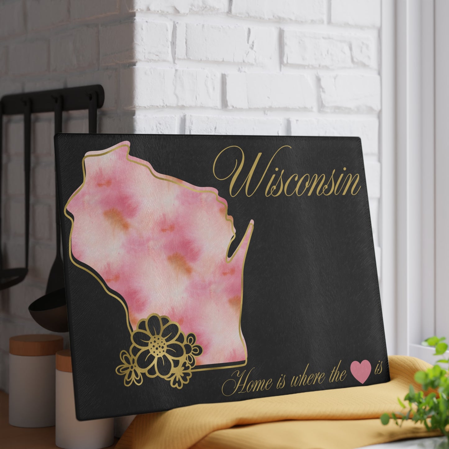 🌸 Wisconsin Floral State Cutting Board – Pink Blossoms & Hometown Charm 🌸