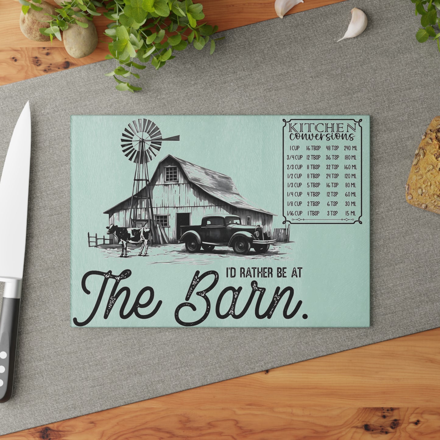 🐄 I’d Rather Be at THE BARN – Vintage Farmhouse Glass Cutting Board
