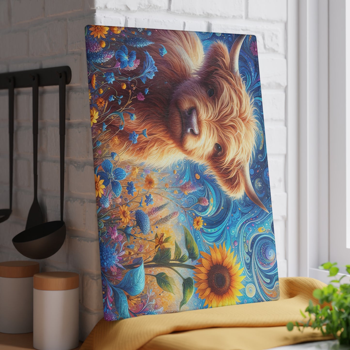 🐮🌻 Whimsy Highland Cow Glass Cutting Board – Floral Fantasy Farmhouse Style