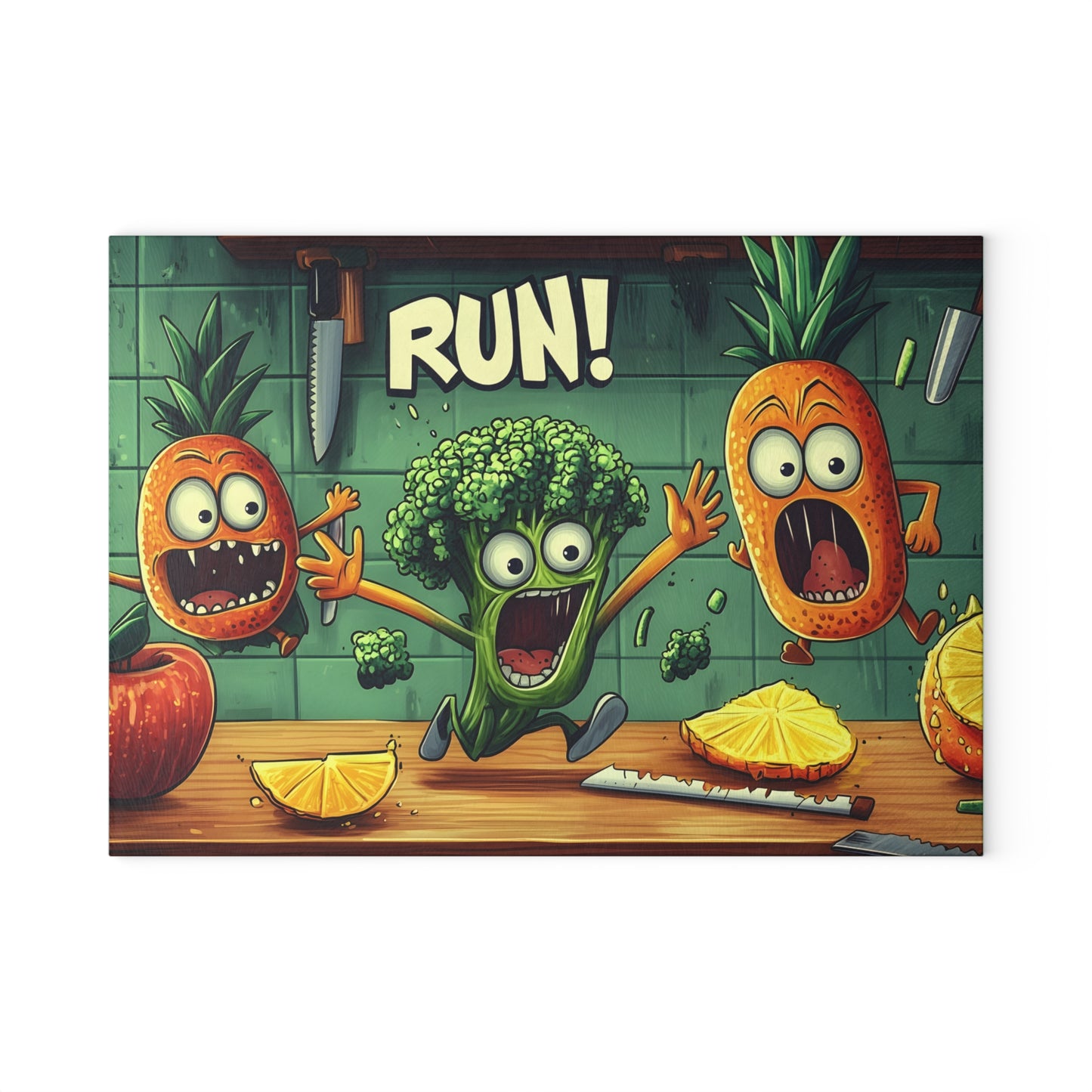 Tabla de cortar de vidrio "¡CORRE!" - Decoración de cocina de humor de Scared Veggies 😱🔪