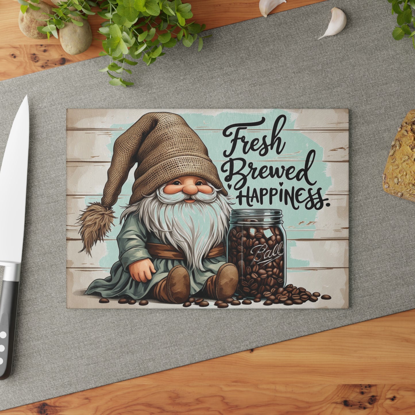 ☕🧙 Fresh Brewed Happiness Cutting Board – Rustic Coffee Gnome Kitchen Décor with Beans & Charm 🌿✨