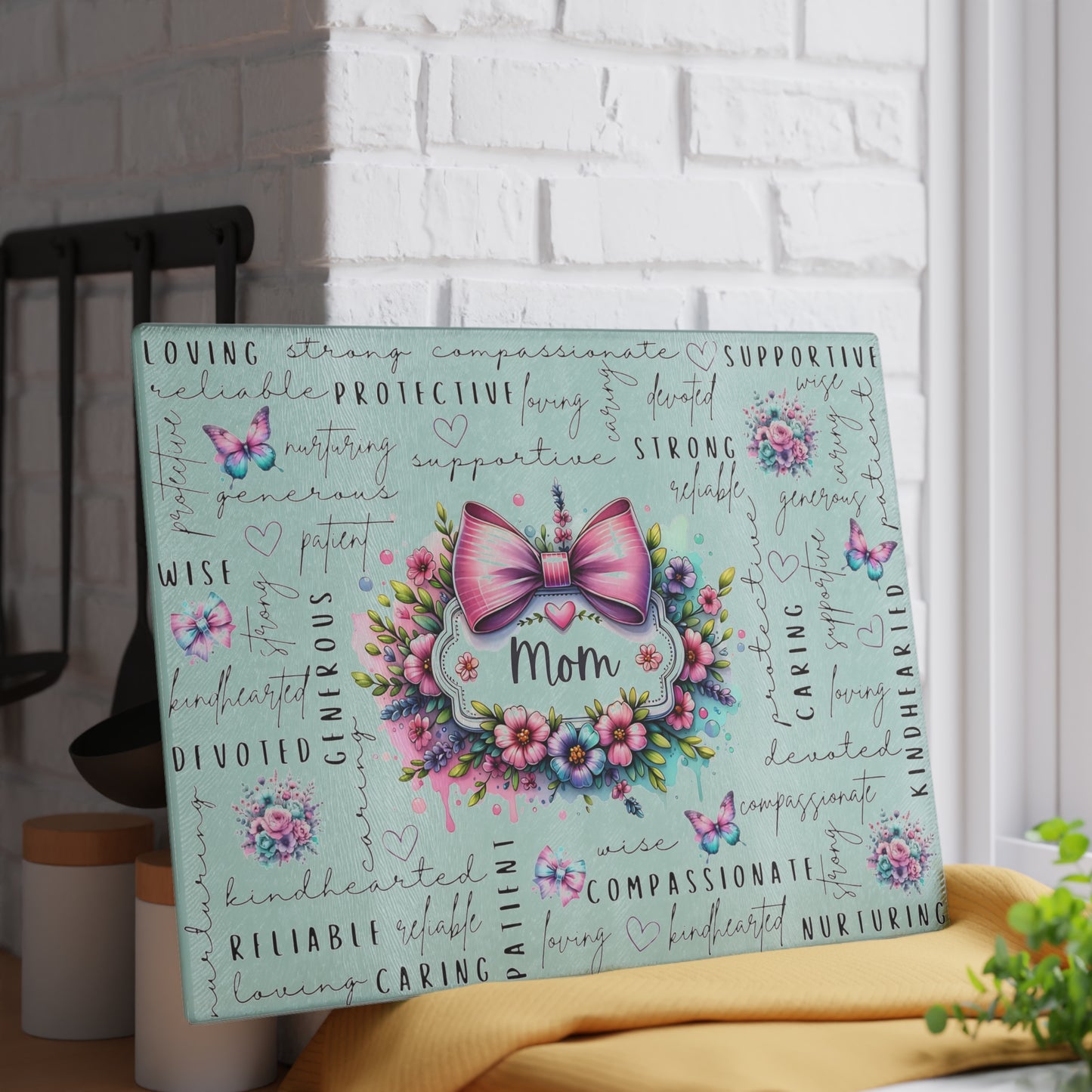 🐾🌸 Mom Pink Bow Floral Cutting Board – Elegant Gift of Love for the Heart of the Home 💕🌼