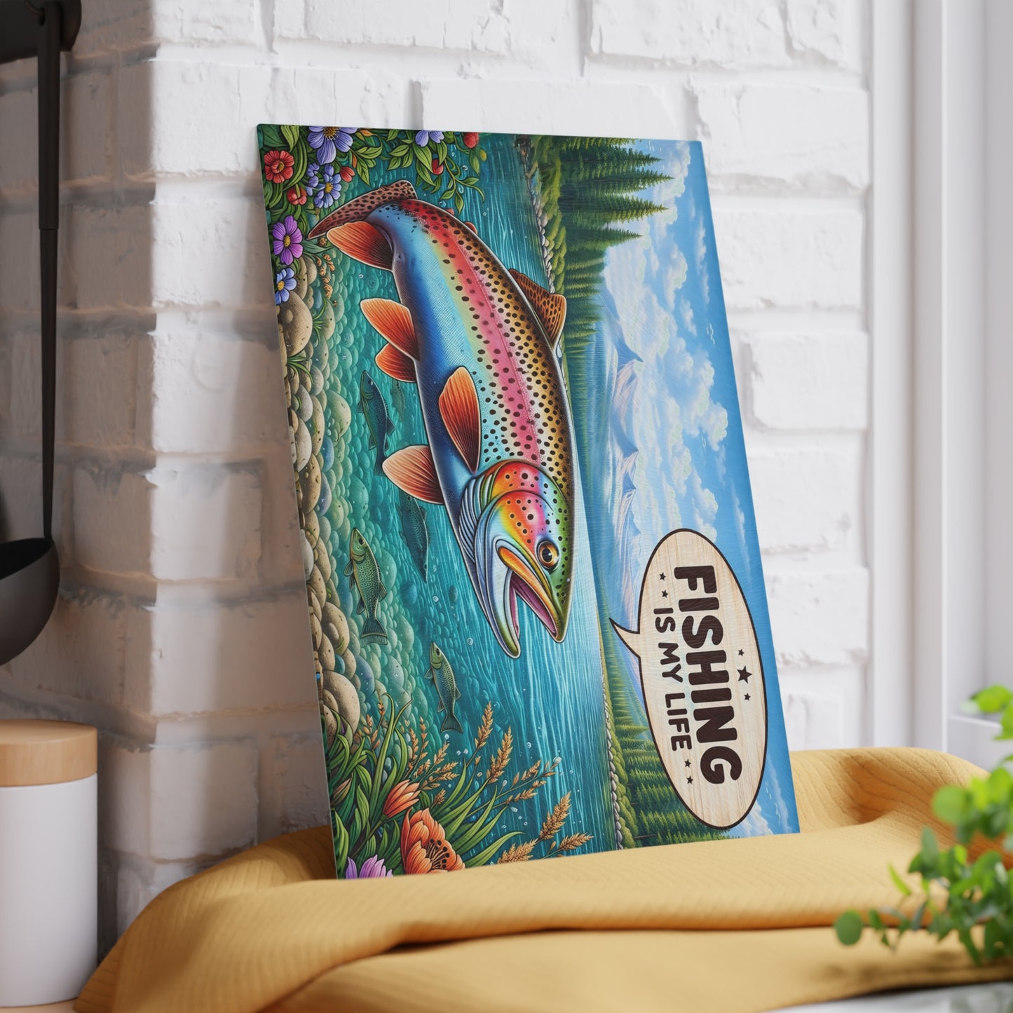 Fishing Is My Life Glass Cutting Board – Colorful Trout Lake Scene with Rustic Fishing Humor