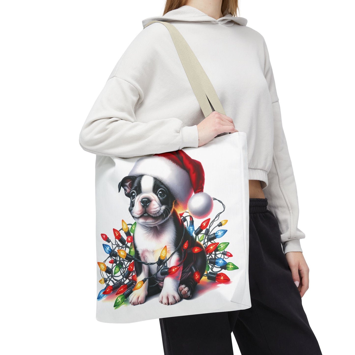 👜 Boston Terrier Christmas Lights Tote Bag – Holiday Sparkle Meets Puppy Love 🎄