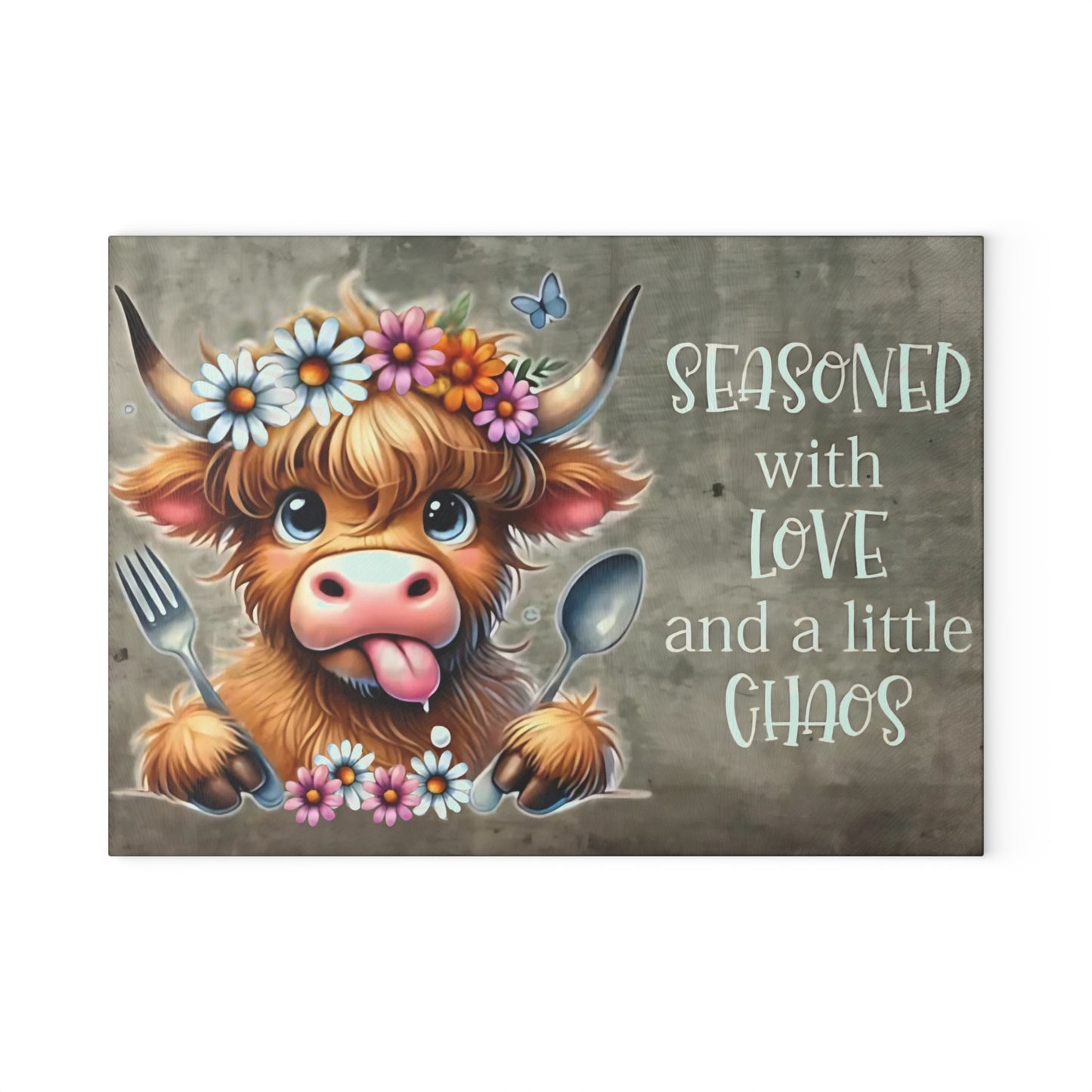 Tabla de cortar de vidrio templado Highland Cow "Sazonada con amor y un poco de caos"