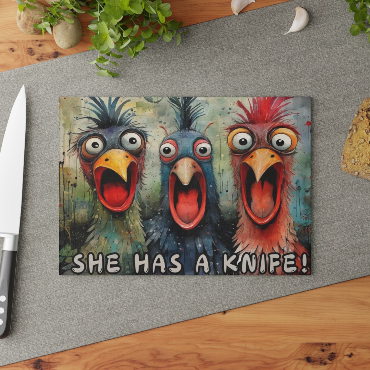 Tabla de cortar divertida, gallinas gritando, decoración de gallinas, cocina de granja, tabla de charcutería, tabla de cortar, gallinas de traspatio