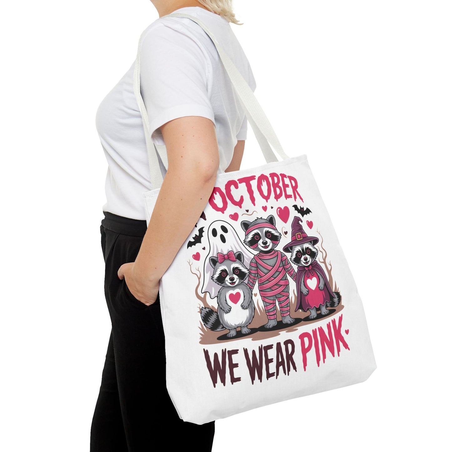 🎀 In October We Wear Pink Raccoon Halloween Tote Bag – Spooky Cute Awareness Style 🦝👜
