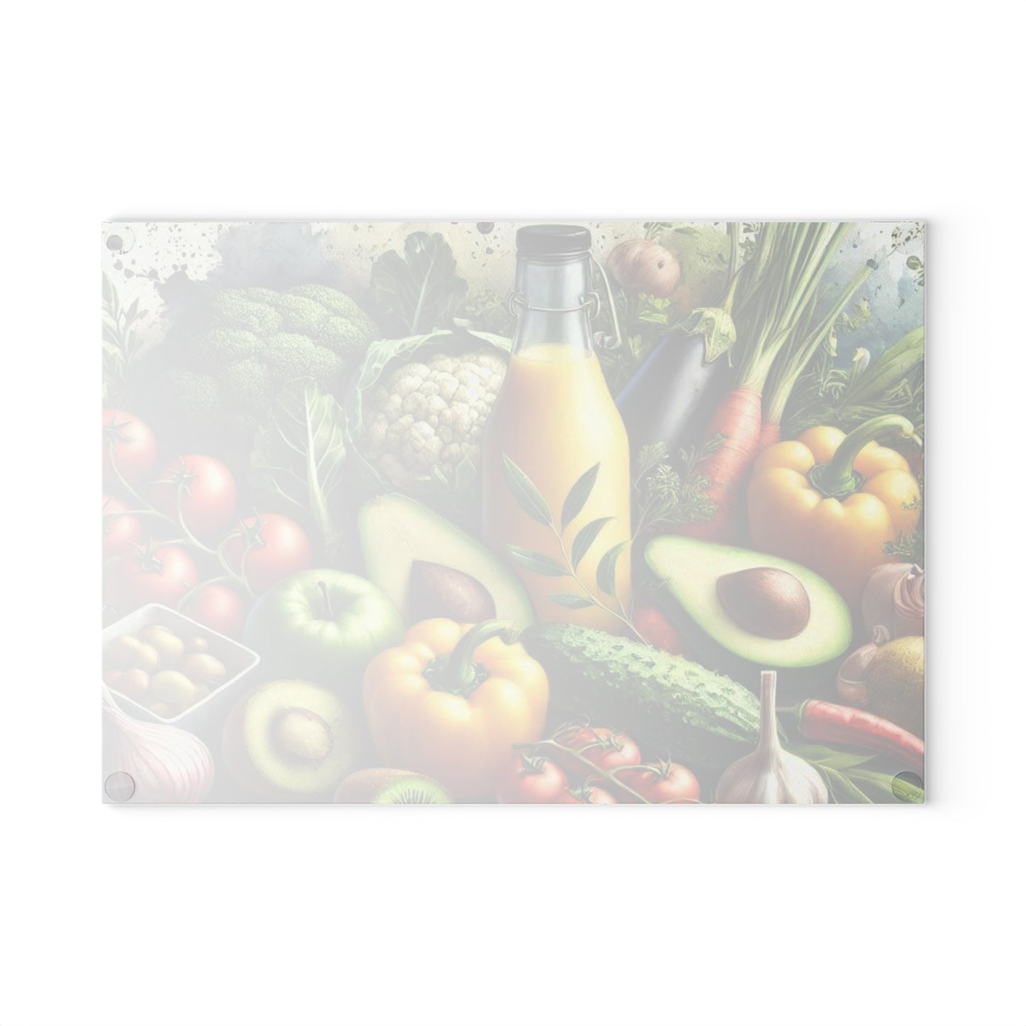 Tabla de cortar de vidrio templado para verduras con una vibrante variedad de verduras frescas
