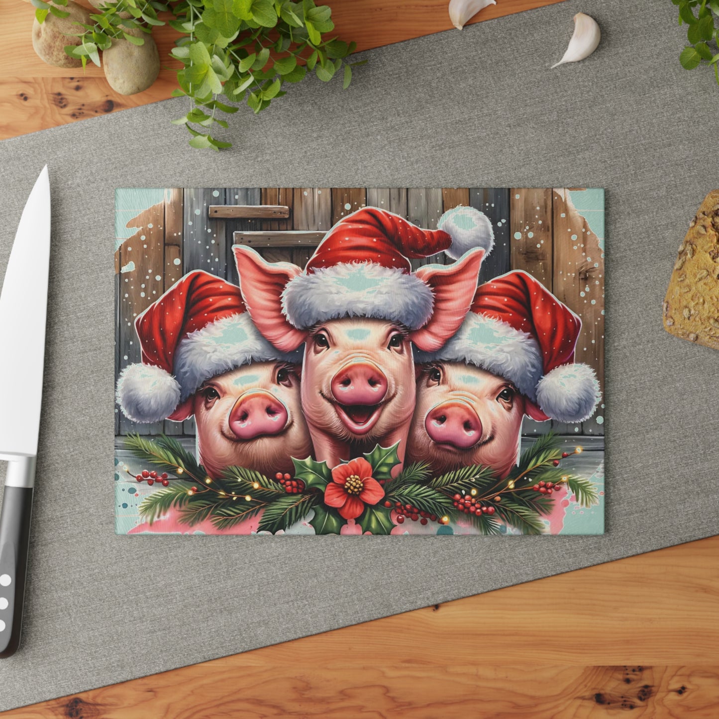 🐷🎄 “Santa Hat Pig Trio” Glass Cutting Board – Cozy Charm for Your Kitchen