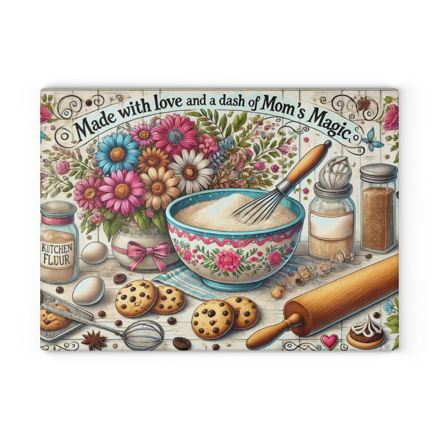 Tabla de cortar de vidrio “Hecha con amor y un toque de la magia de mamá”: decoración de cocina inspirada en la repostería saludable 🧁✨