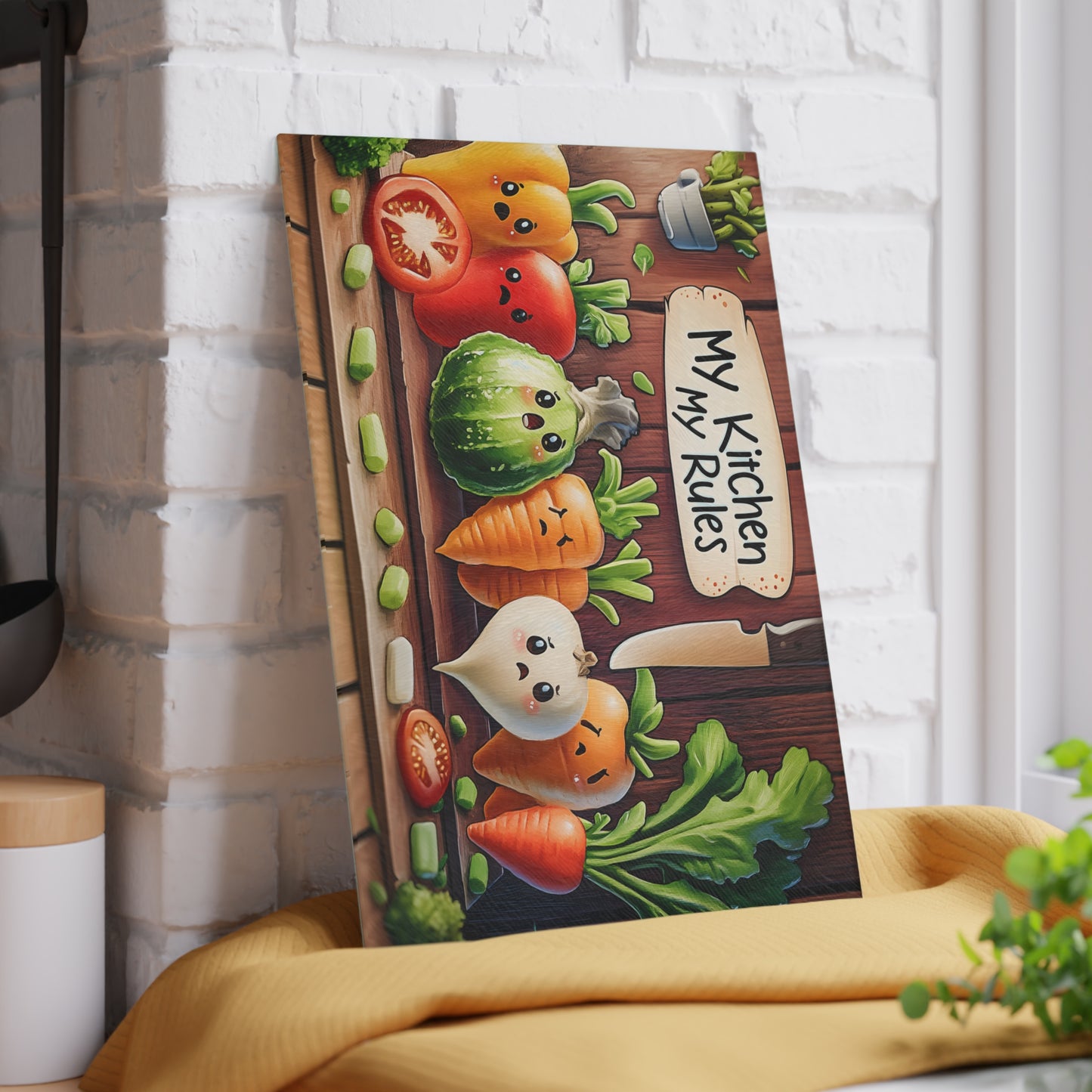 Tabla de cortar de vidrio “Mi cocina, mis reglas” – Verduras asustadas y humor de cocina atrevido