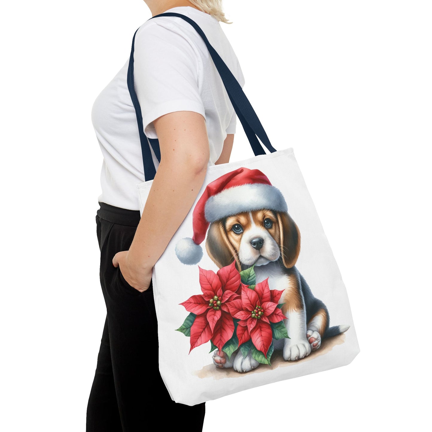 🐶 Beagle Puppy & Poinsettia Christmas Tote Bag – Sweet Holiday Charm in Every Step 🎄